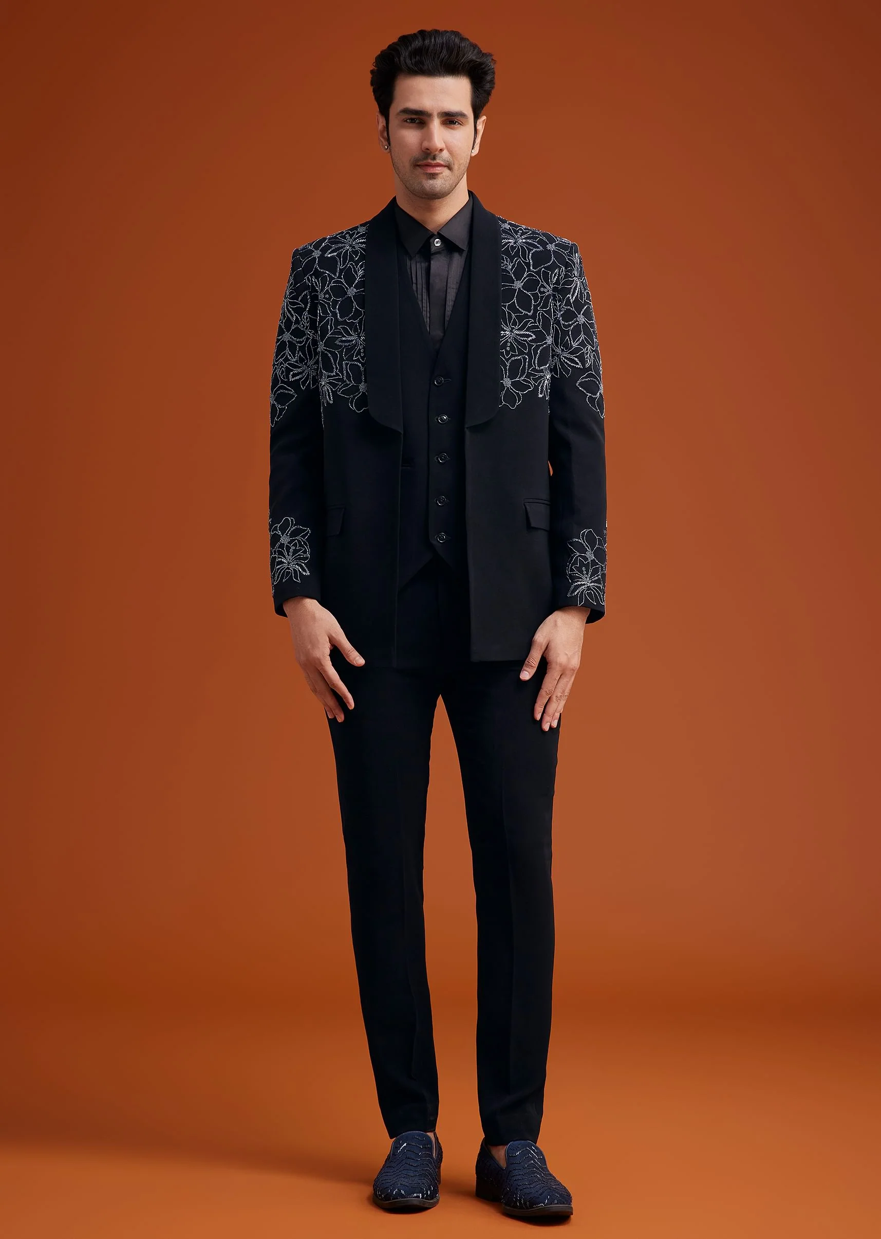 Black Embroidered Floral Tuxedo Set - Image 2
