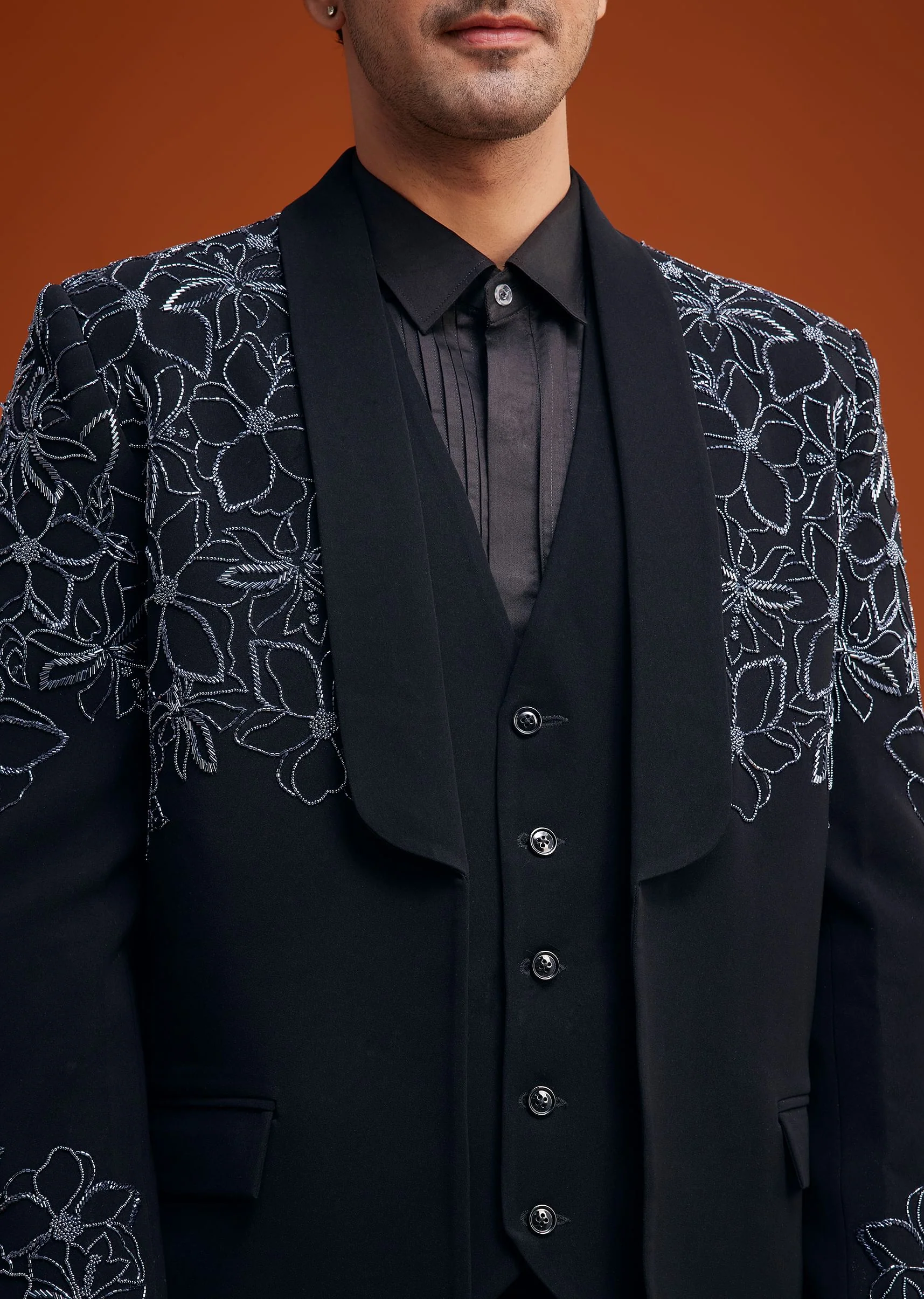 Black Embroidered Floral Tuxedo Set - Image 3