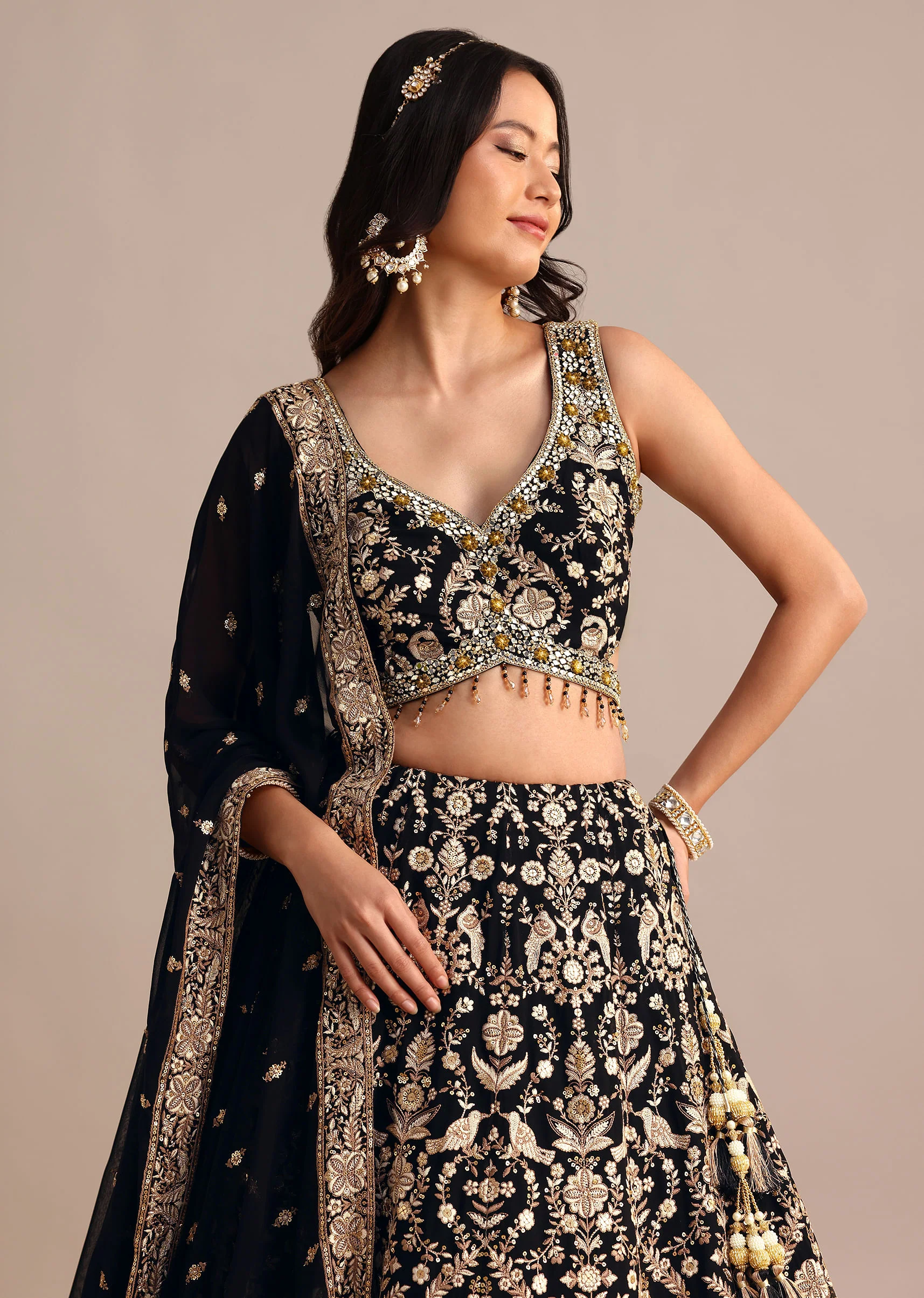 Black Embroidered Georgette Lehenga Choli With Dupatta - Image 4