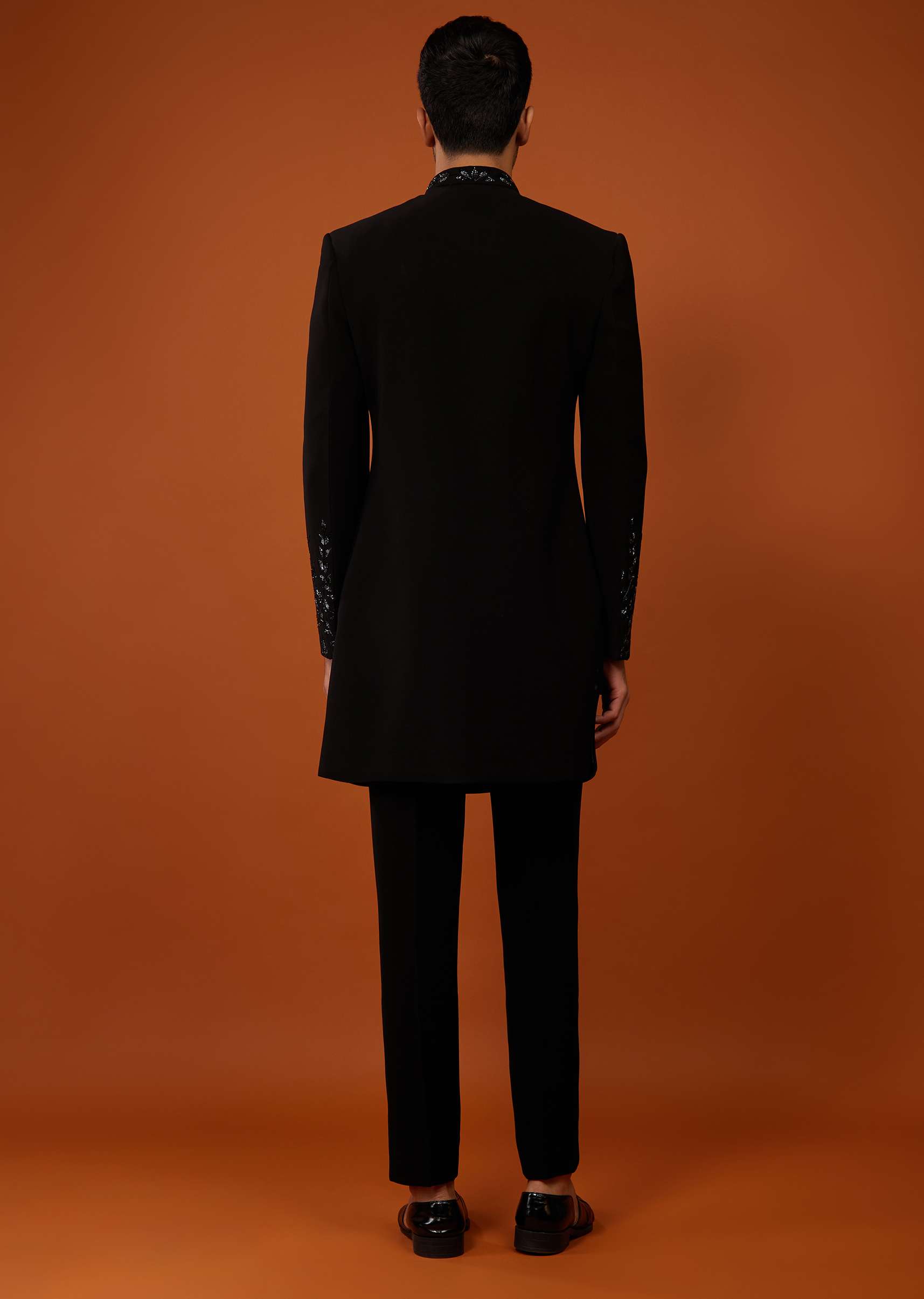 Black Embroidered Indo-Western Sherwani Set In Imported Suiting Fabric - Image 4