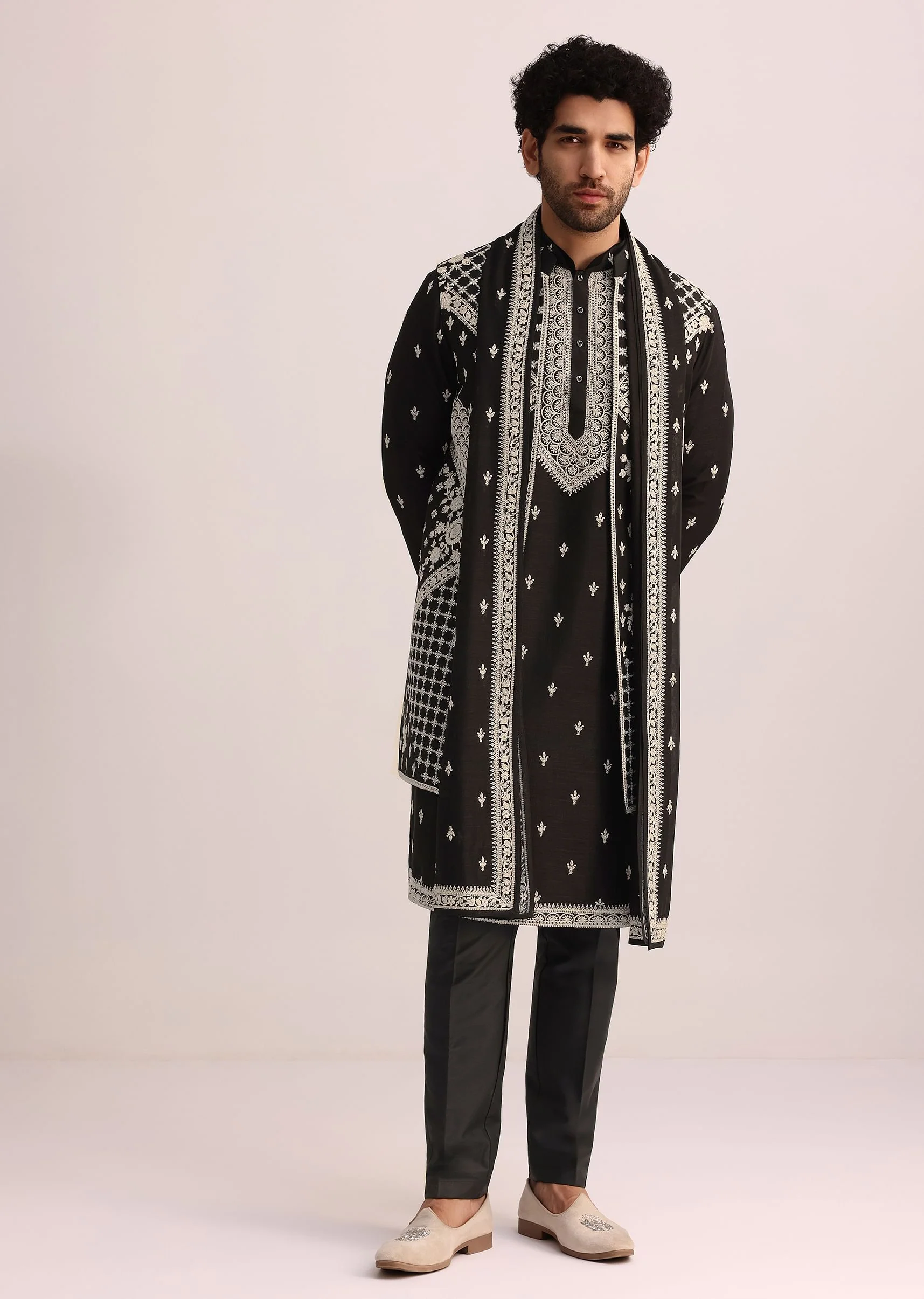 Black Embroidered Jacket and Kurta Set With Dupatta