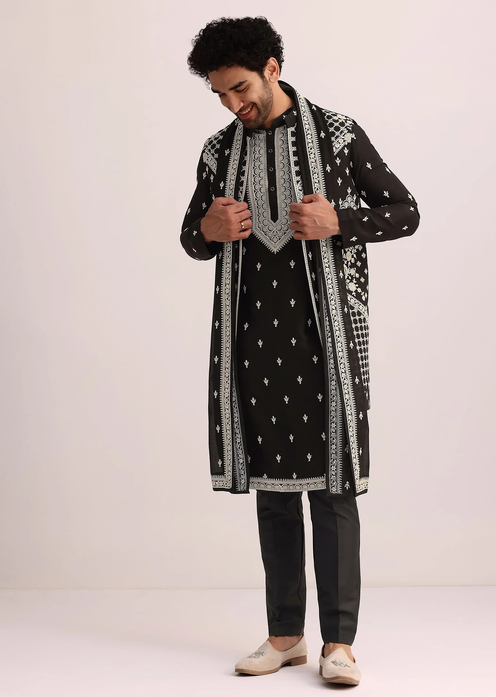Black Embroidered Jacket and Kurta Set With Dupatta - Image 3