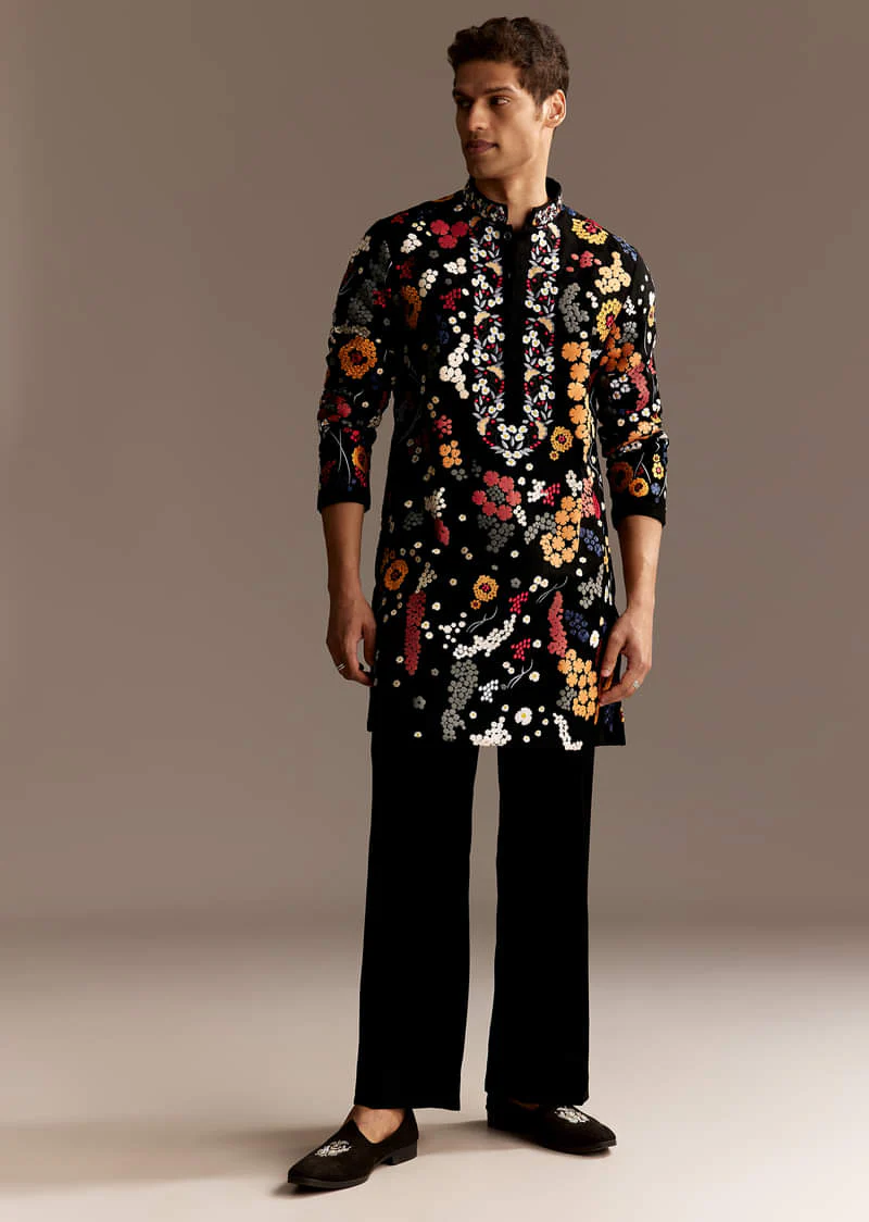 Black Embroidered Kurta Set With Palazzo Pants - Image 2