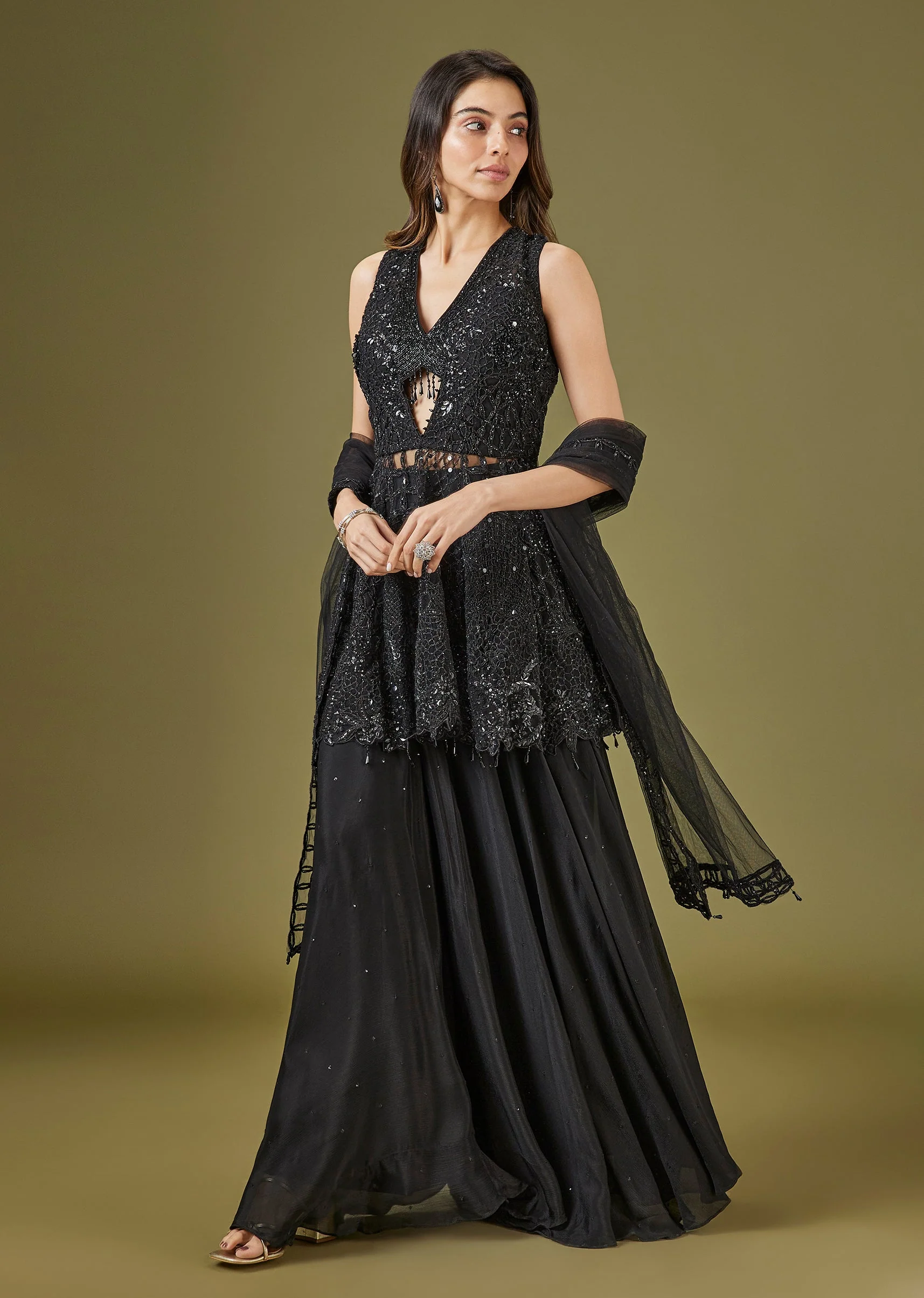 Black Embroidered Peplum Palazzo Set With Dupatta - Image 3