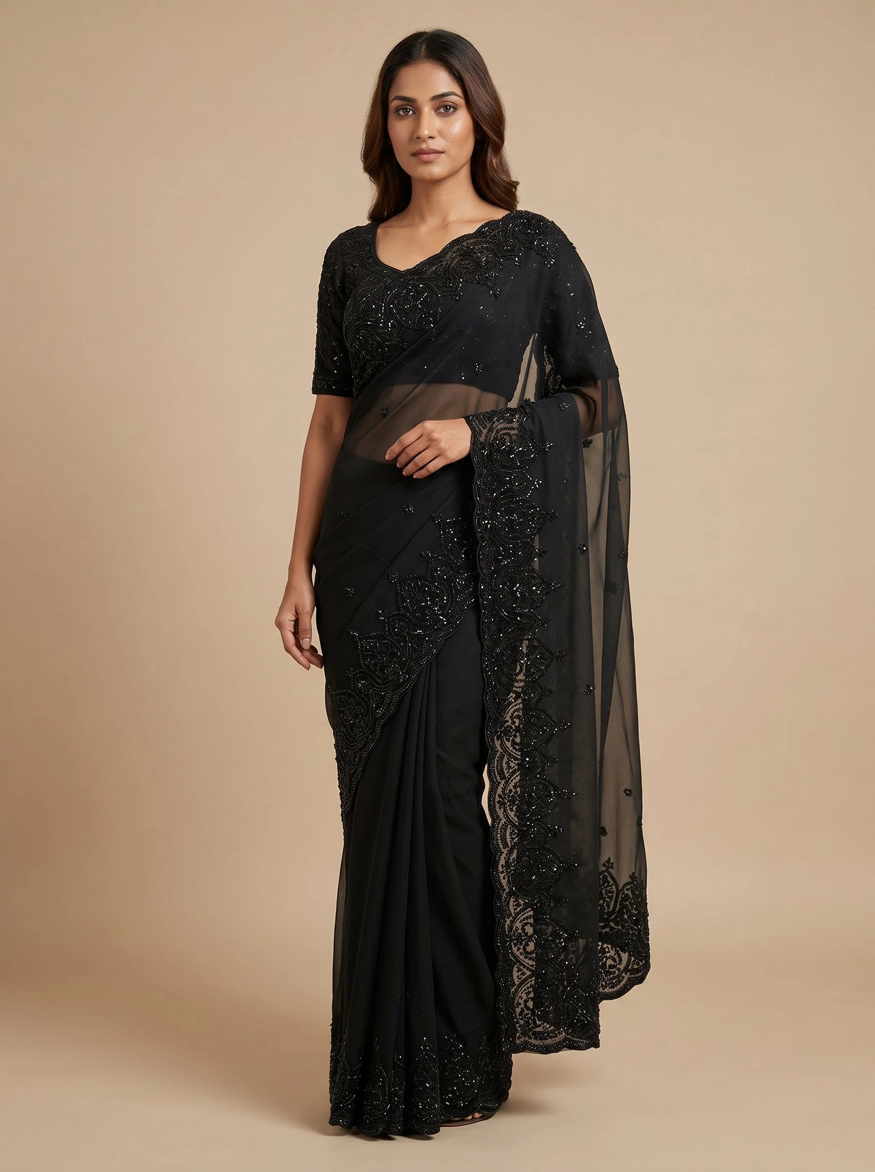 Black Embroidered Saree with Bold Motifs
