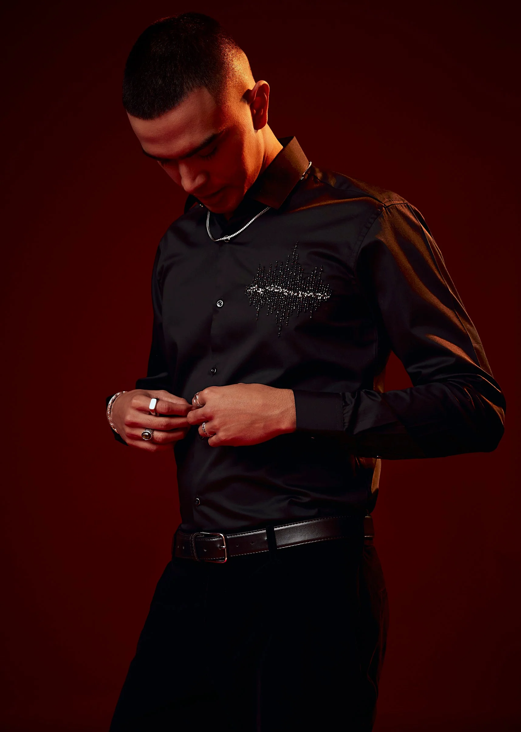 Black Embroidered Silk Blend Mandarin Collar Shirt - Image 4