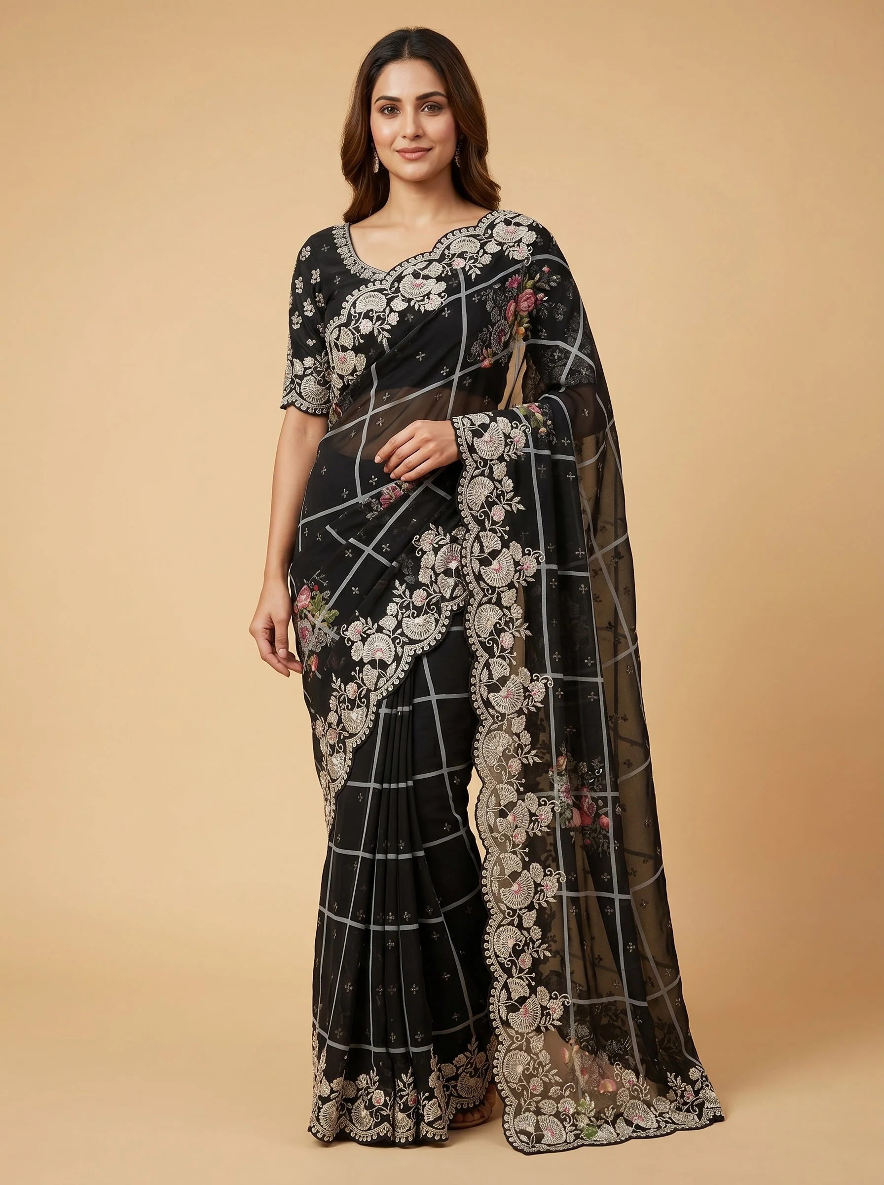 Black Floral Embroidered Saree