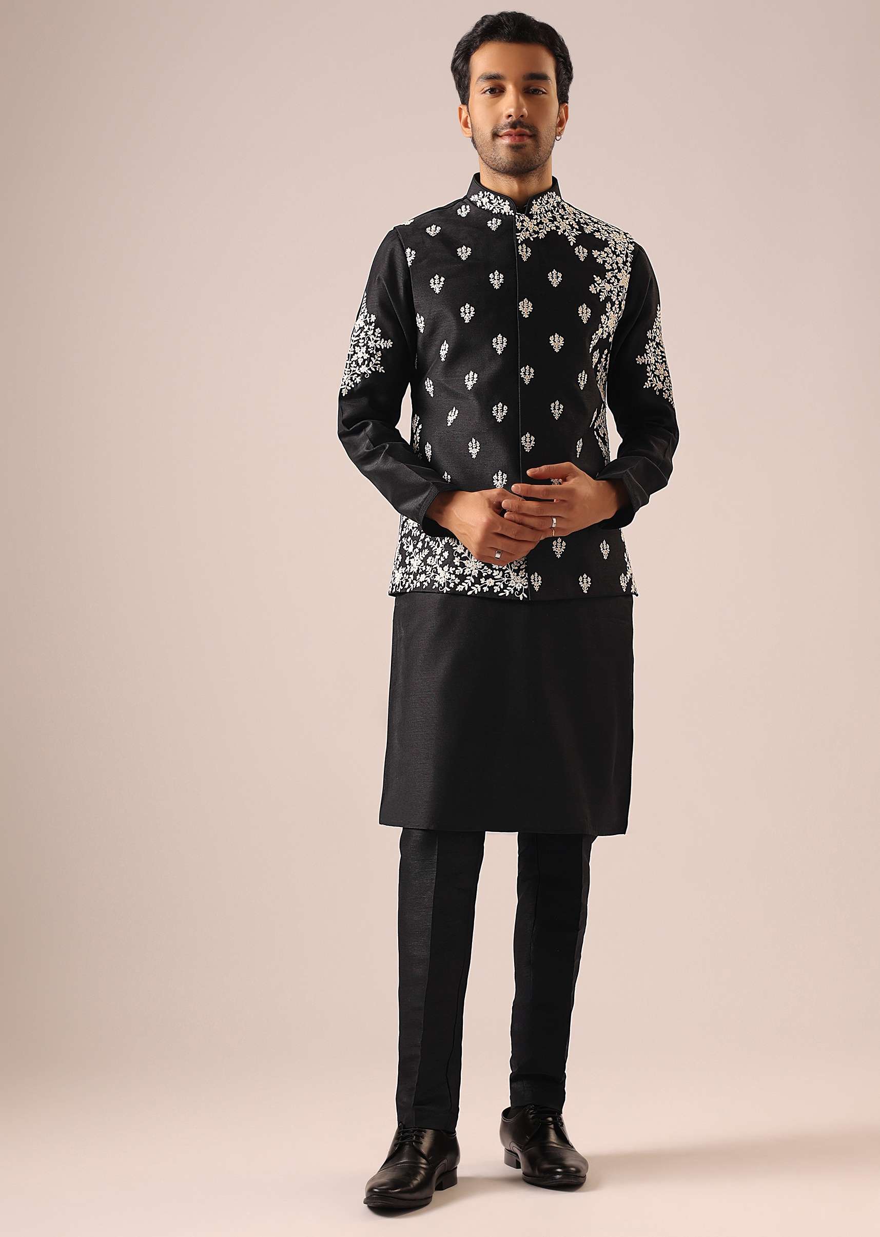 Black Floral Jacket And Kurta Set - Image 3