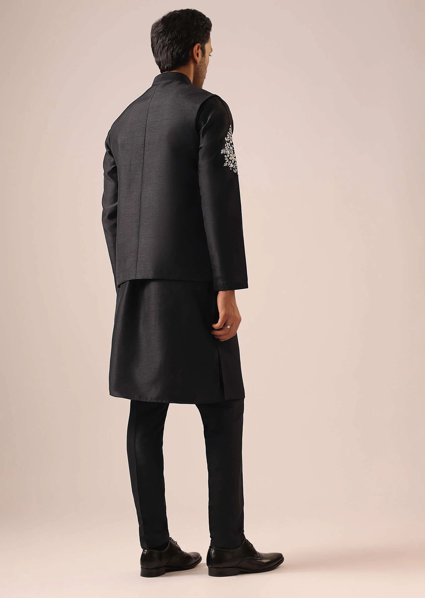 Black Floral Jacket And Kurta Set - Image 5
