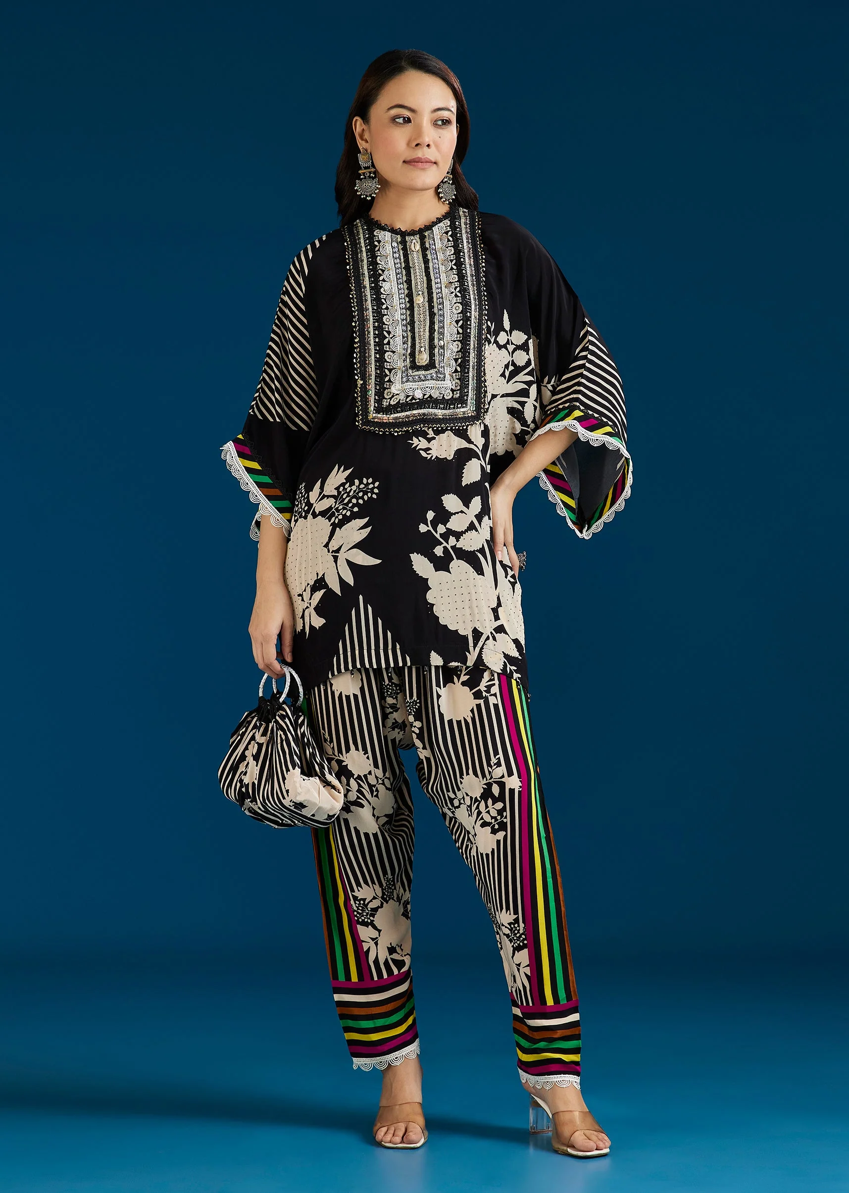 Black Floral Printed Coord Set With Farshi Pant And Potli Bag