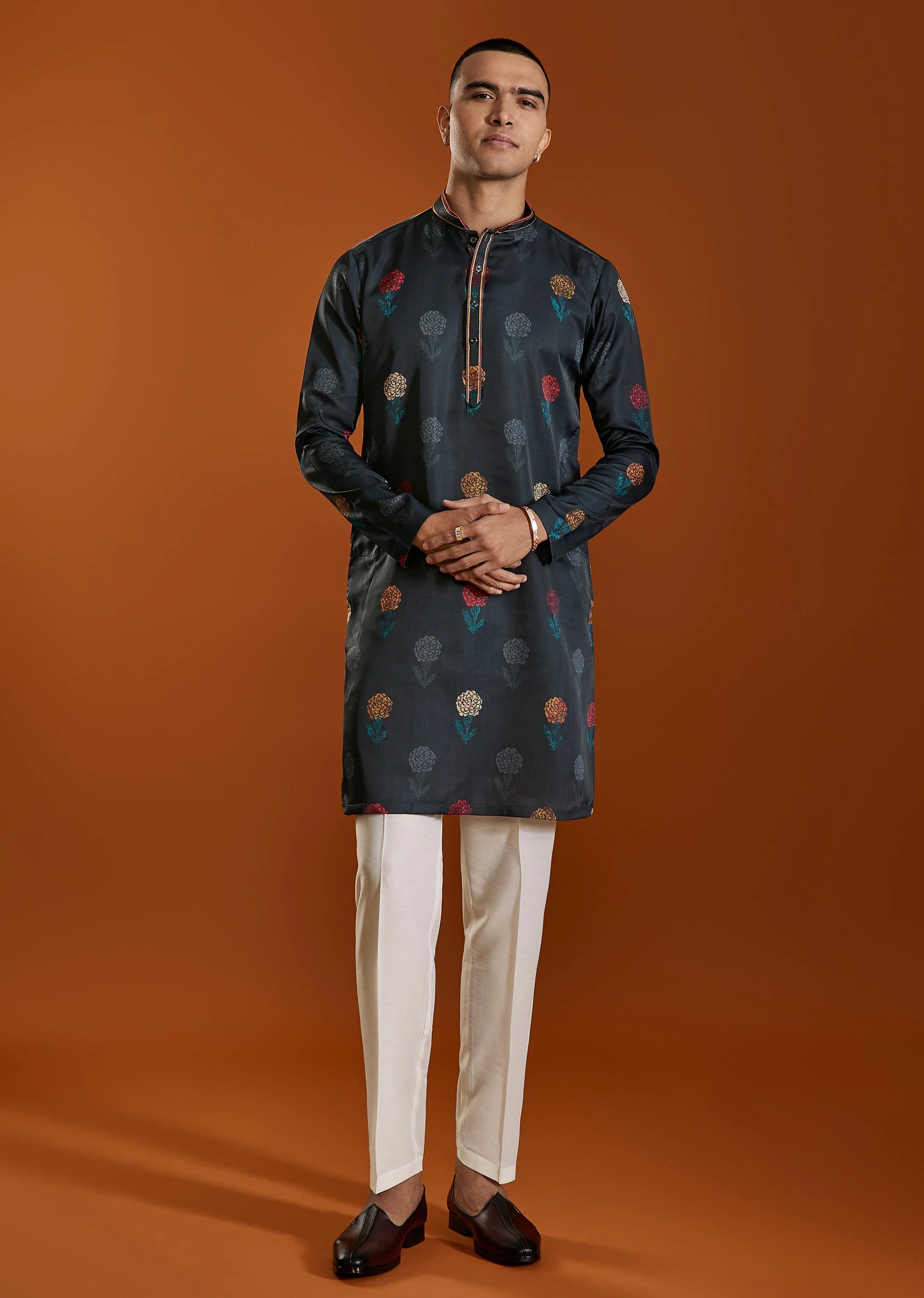 Black Flower Printed Viscose Kurta