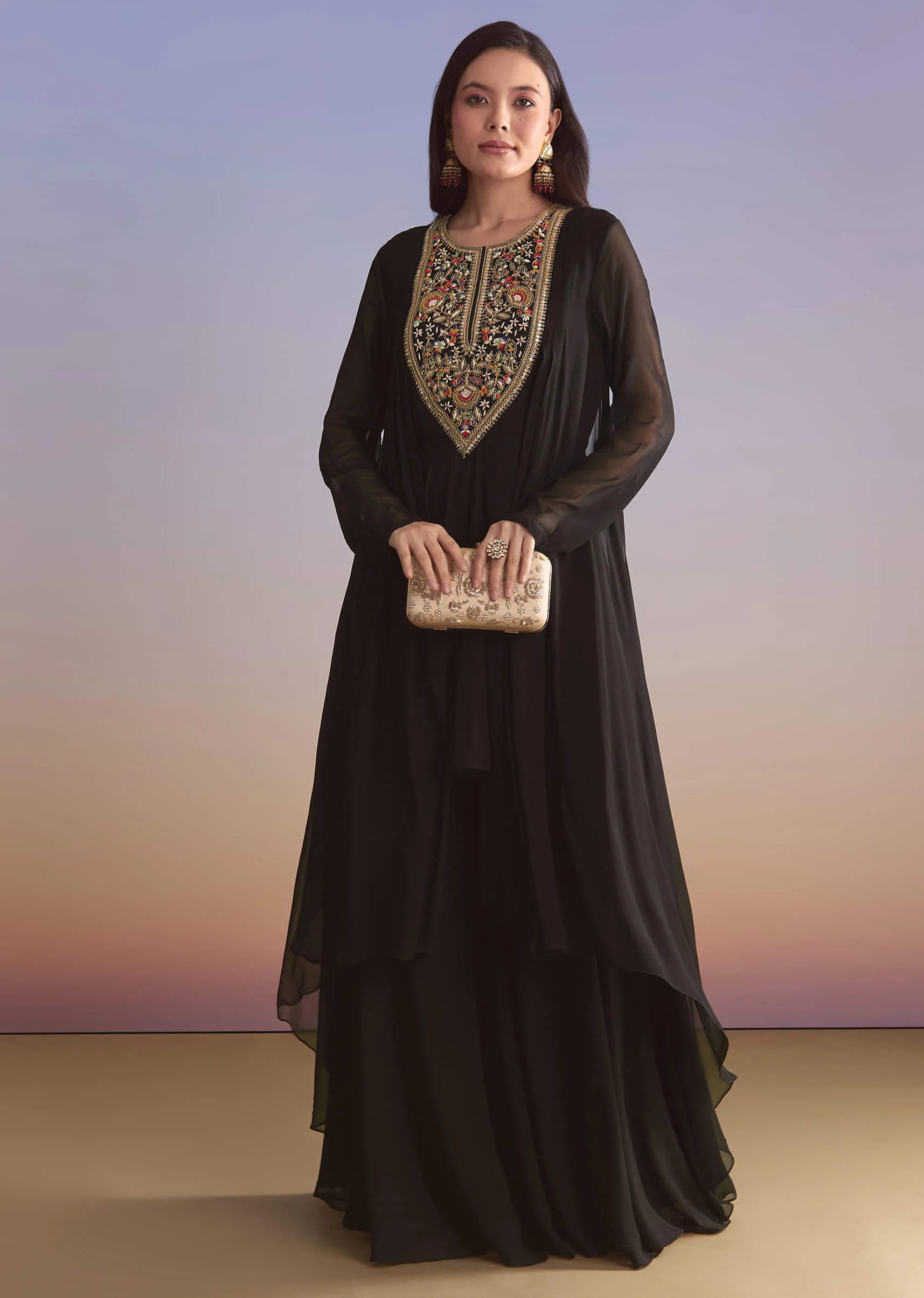Black Georgette Sharara Suit With Sequins And Resham Embroidery Kurta - Image 2