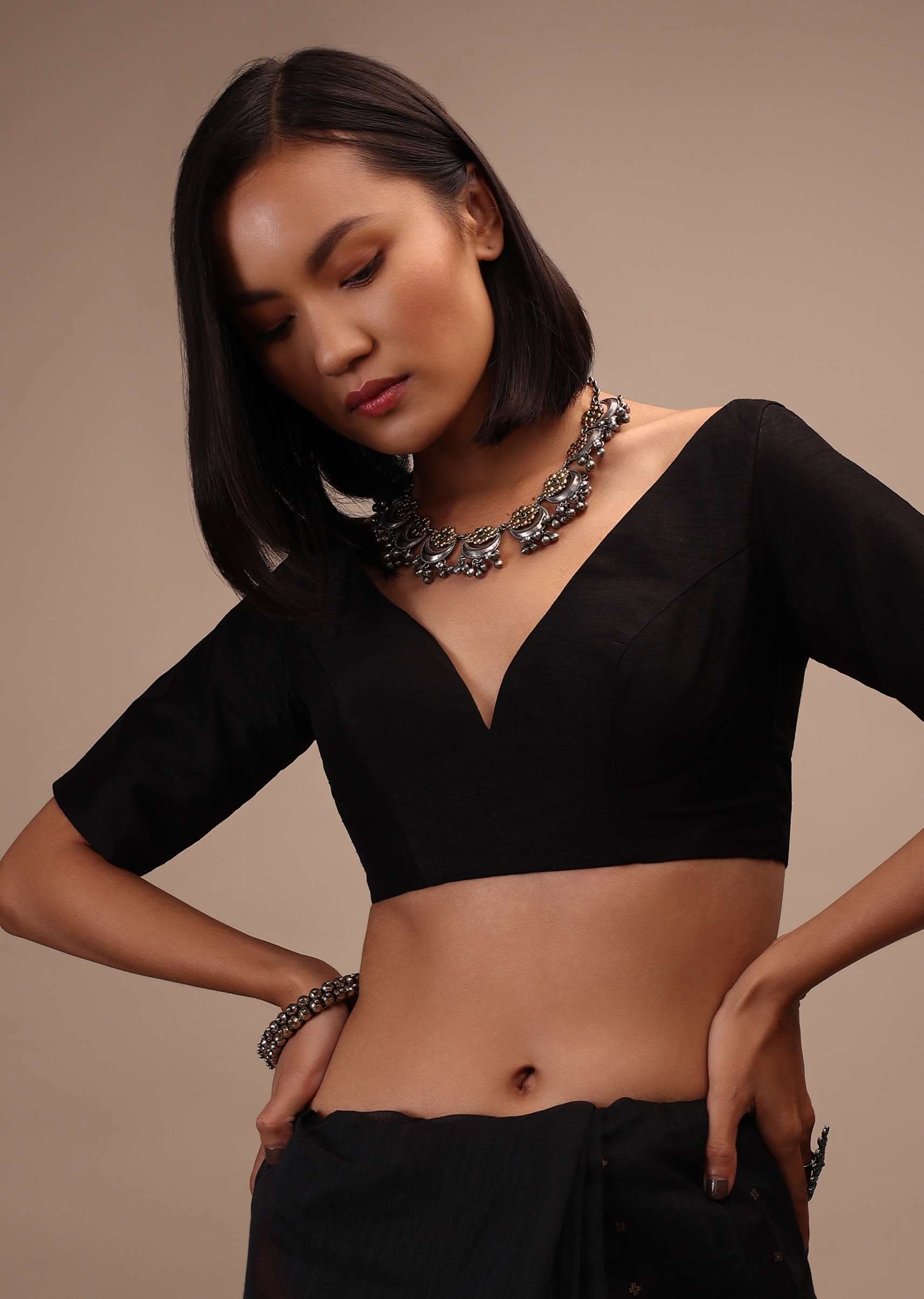 Black Half Sleeves Blouse In Curved V-Neckline Tie-Up Tassel Dori With Back Hook Closure - Image 3