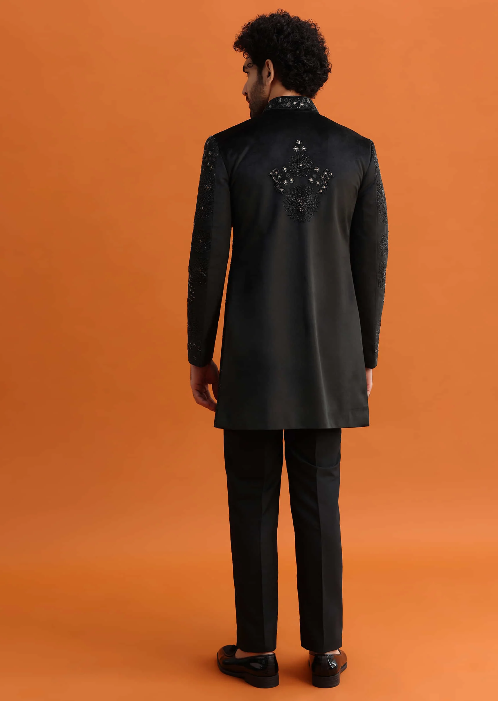 Black Hand Embroidered Velvet Indowestern Set For Men - Image 6