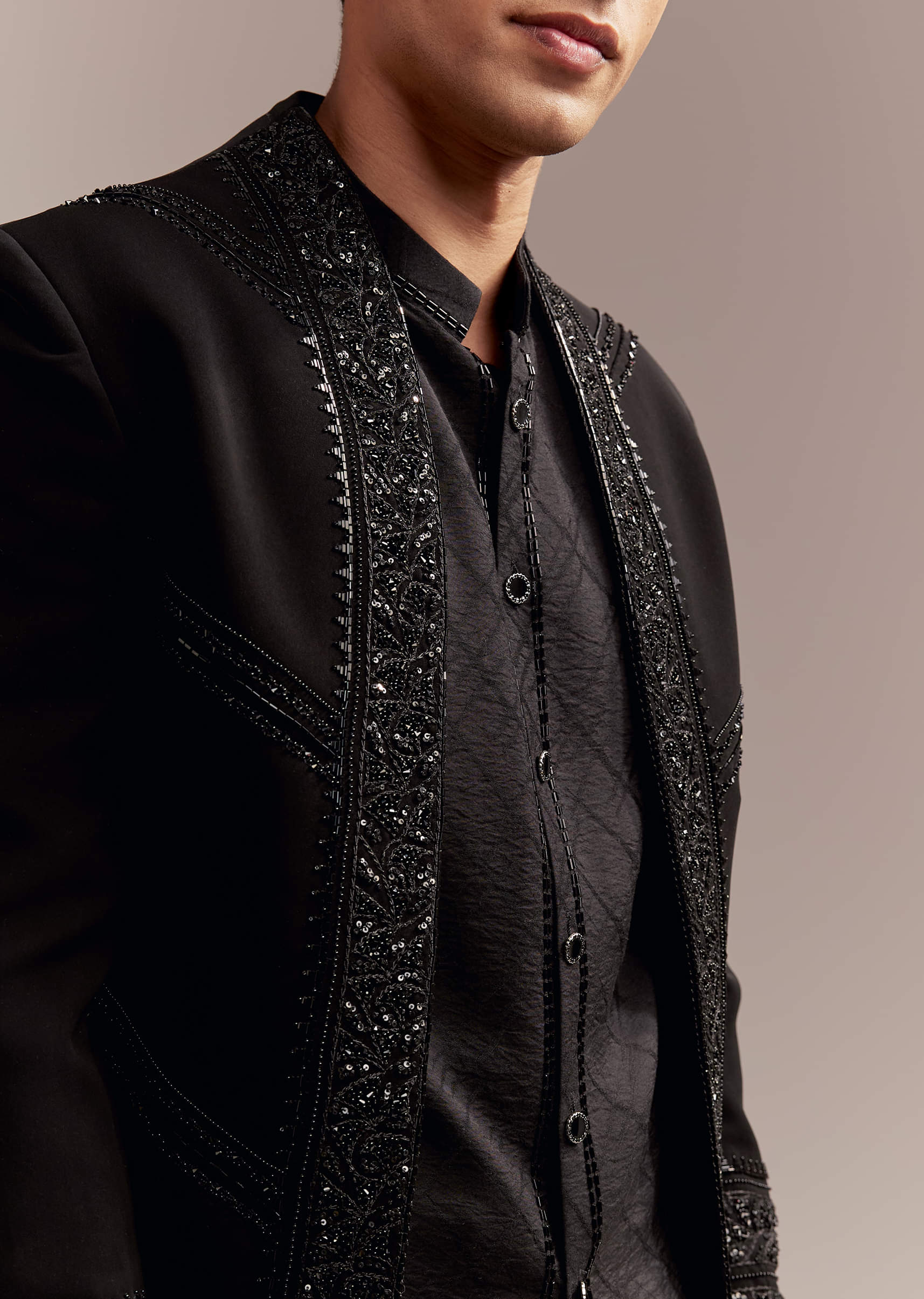 Black Indo Western Set For Men With Tonal Embroidery - Image 2