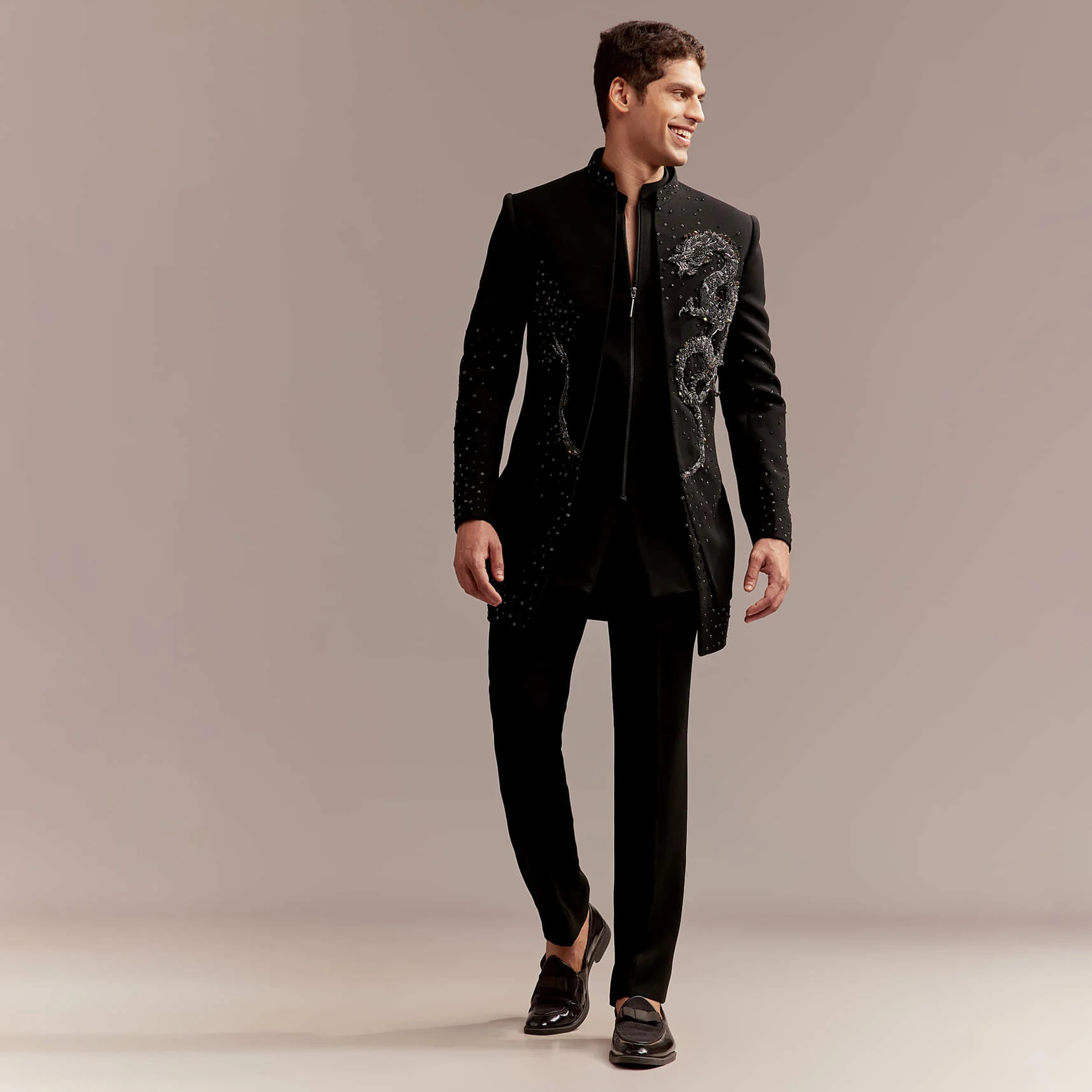 Black Indo Western Set For Men With Zardosi Dragon Motif - Image 4