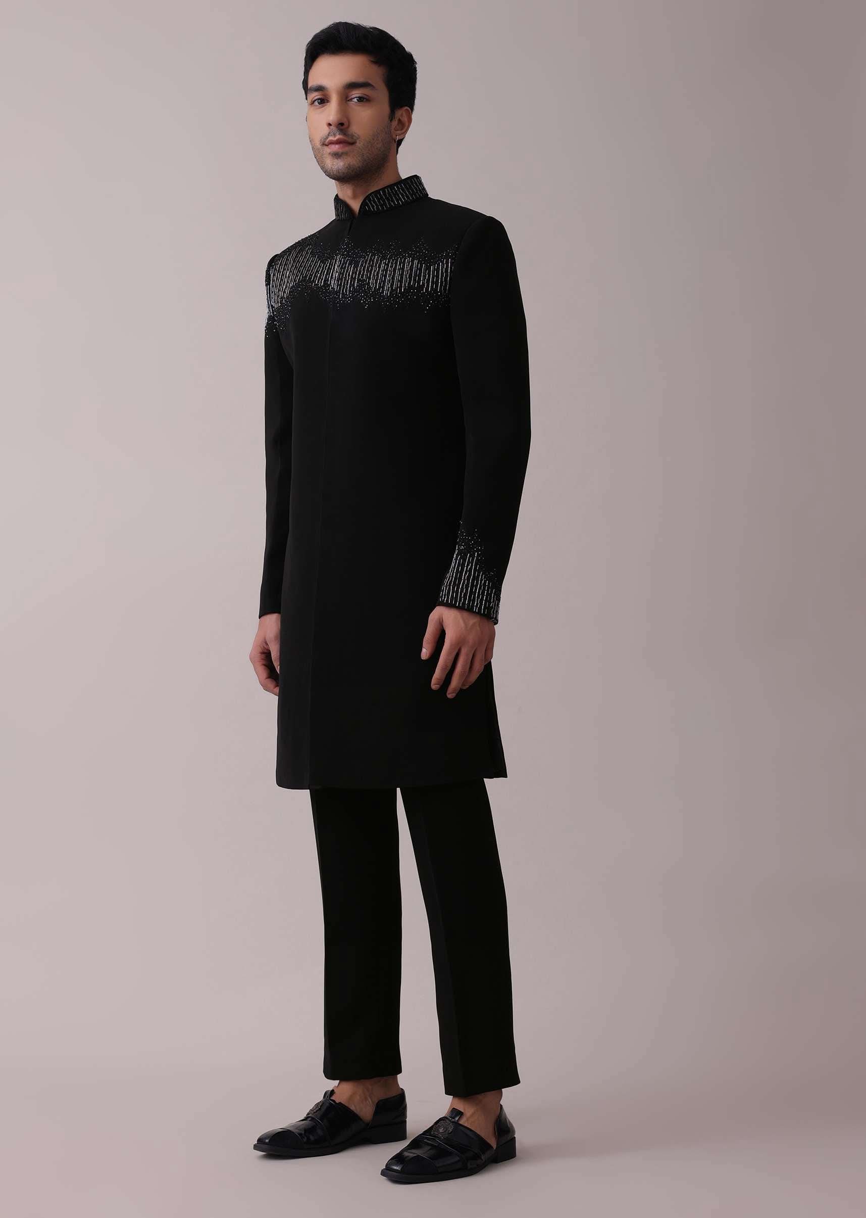 Black Indowestern Jacket Set In Suiting Fabric With Cut Dana Embroidery - Image 4