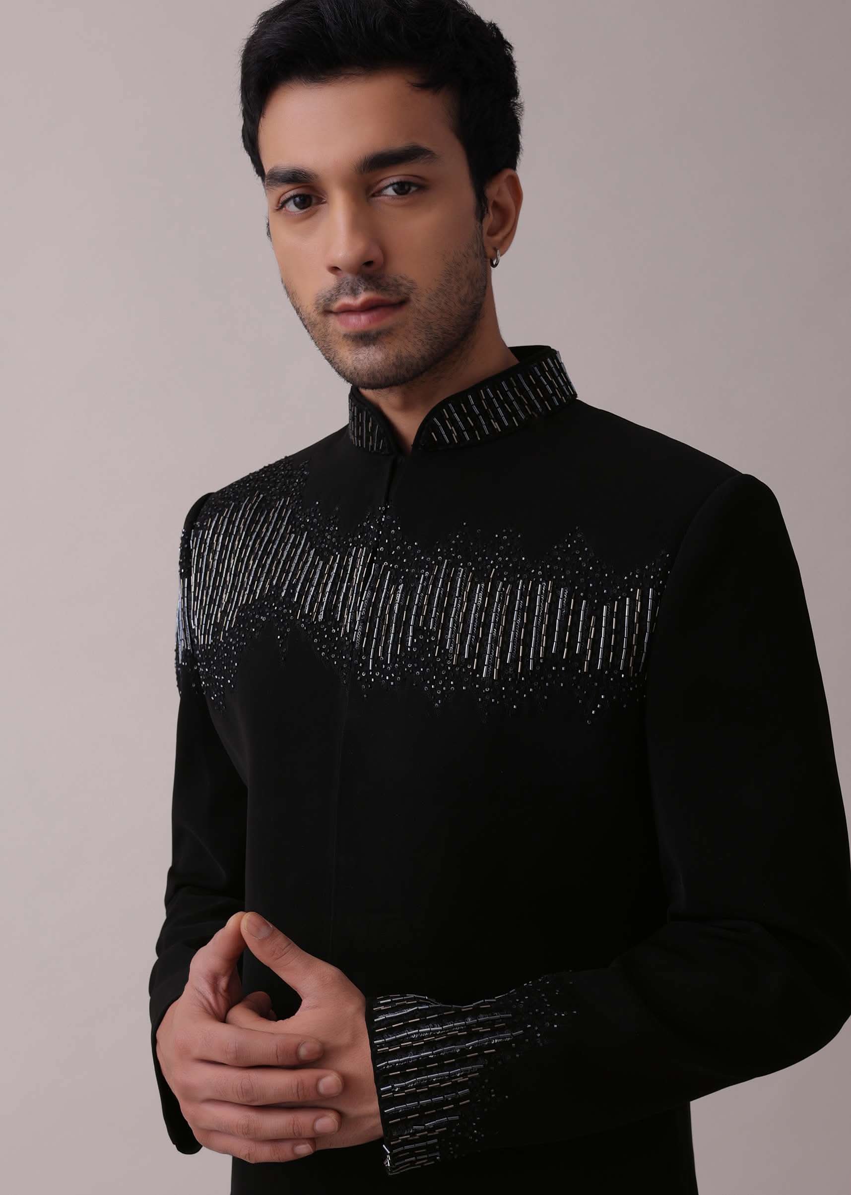 Black Indowestern Jacket Set In Suiting Fabric With Cut Dana Embroidery - Image 5