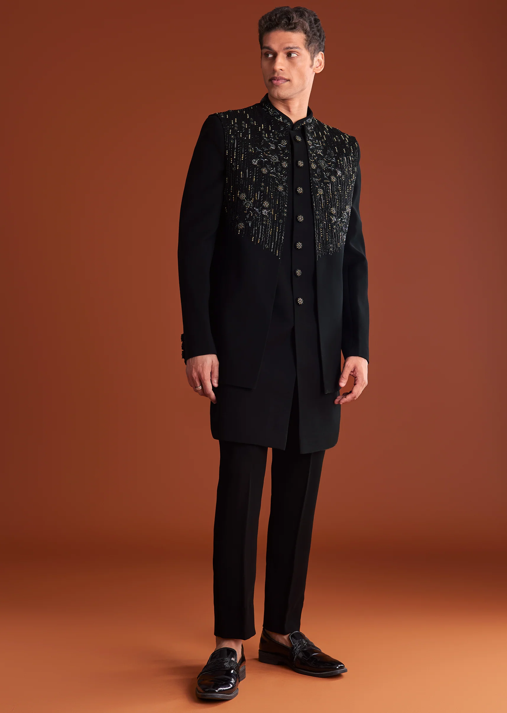 Black Indowestern Jacket Set With Zari And Pearl Work