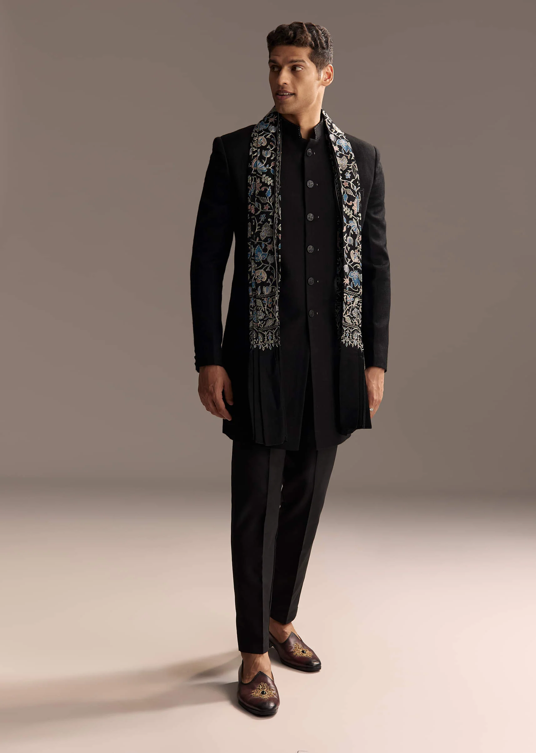 Black Jacquard Indo Western Set For Men With Embroidered Stole - Image 3