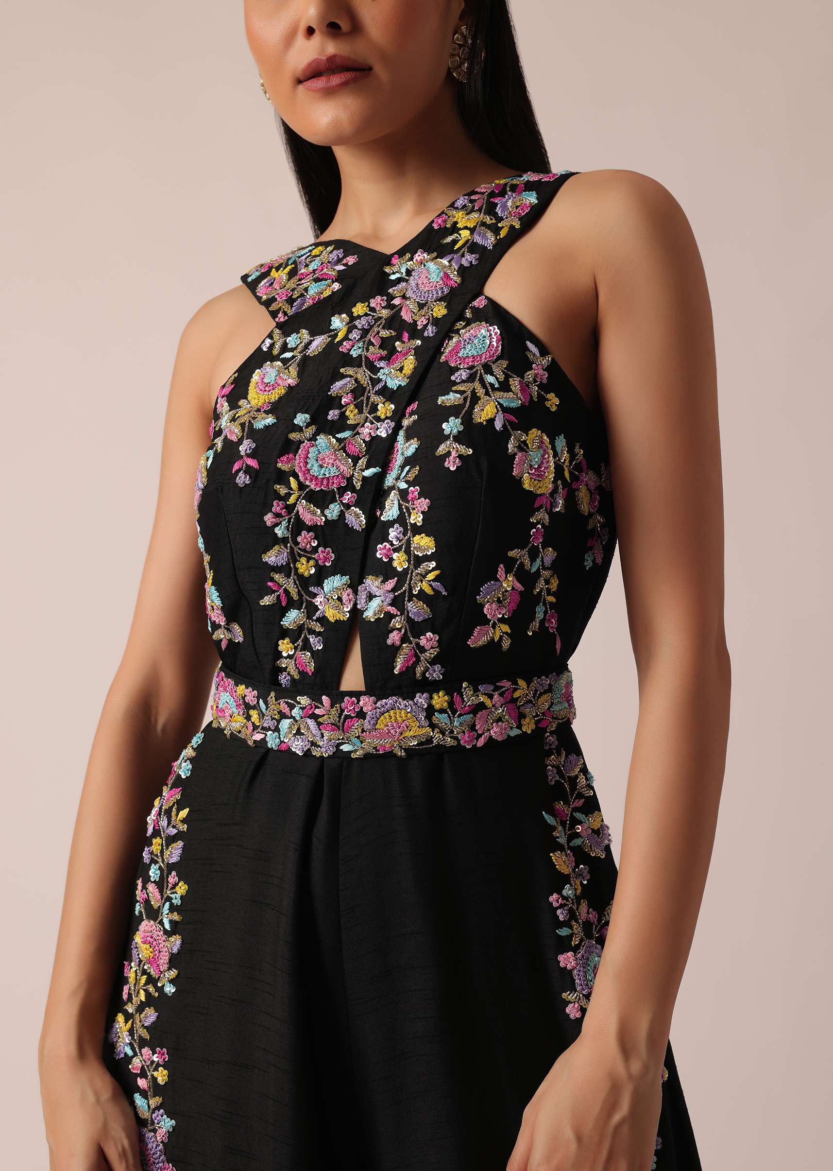 Black Jumpsuit With Floral Motif Embroidery - Image 2