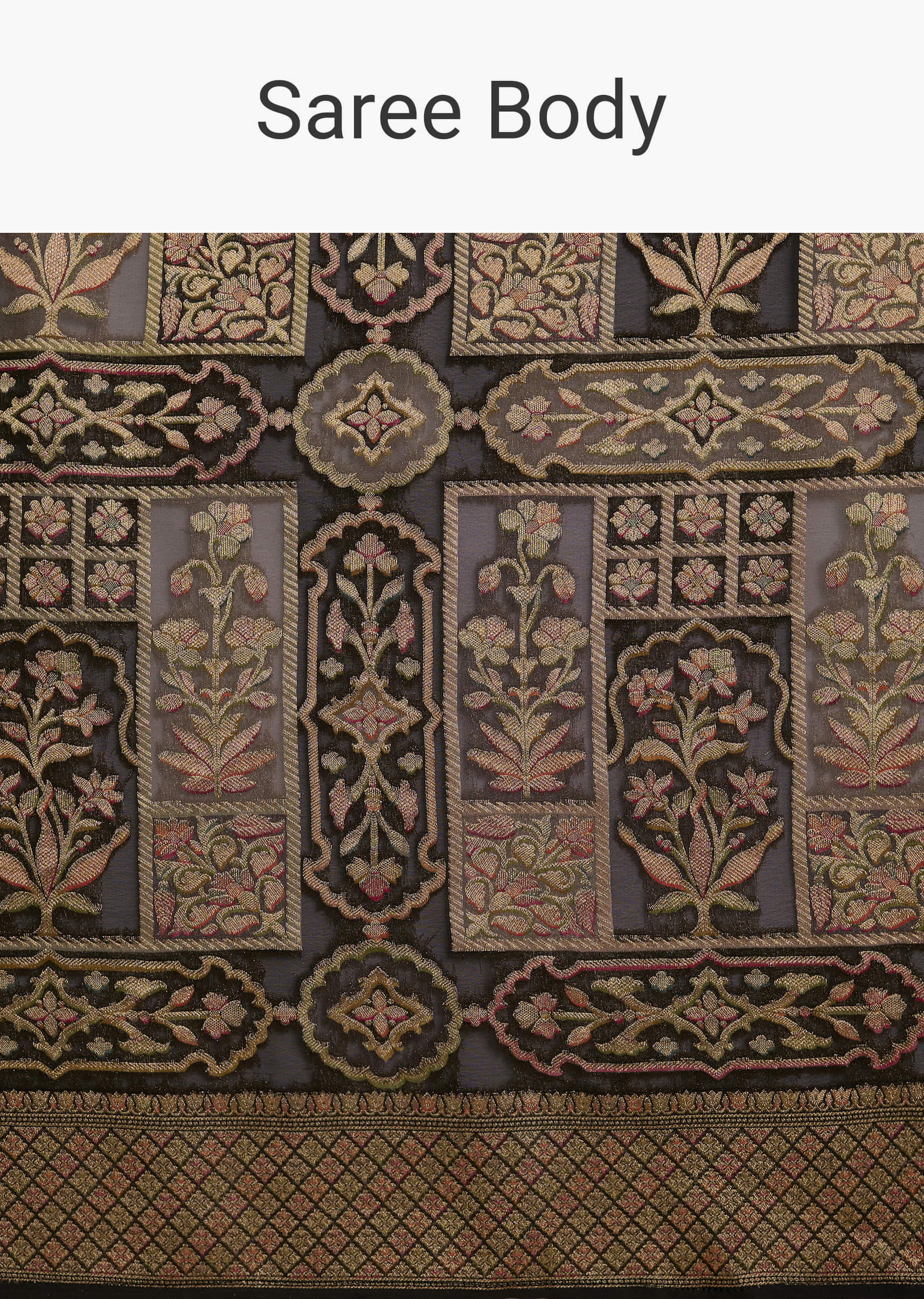 Black Khadhi Georgette Saree With Floral And Geometric Zari Work - Image 9