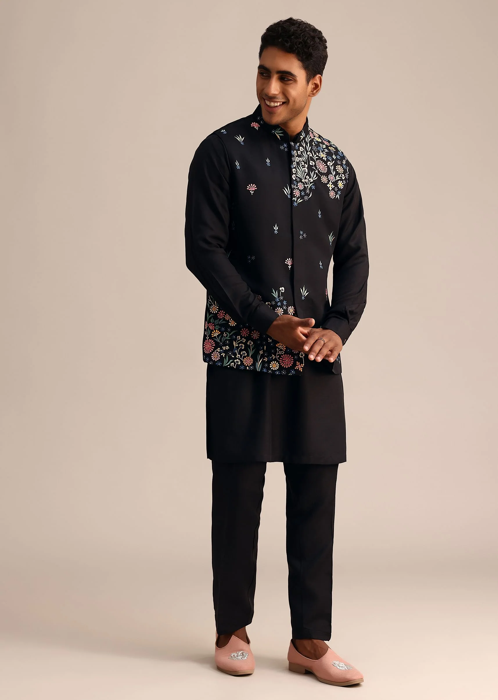Black Kurta Jacket Set With Floral Embroidered Motifs - Image 3