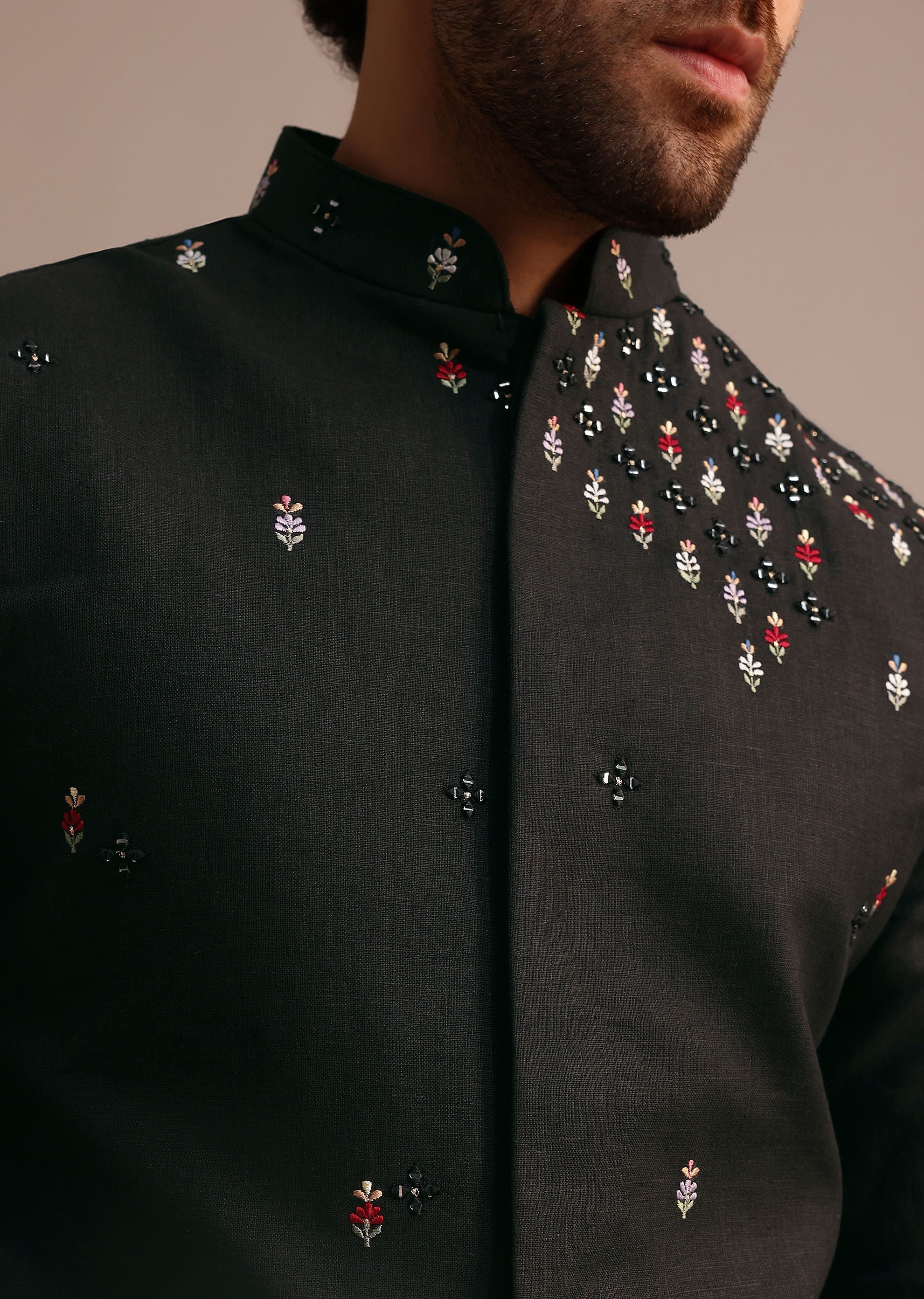 Black Kurta Jacket Set With Resham Work - Image 2