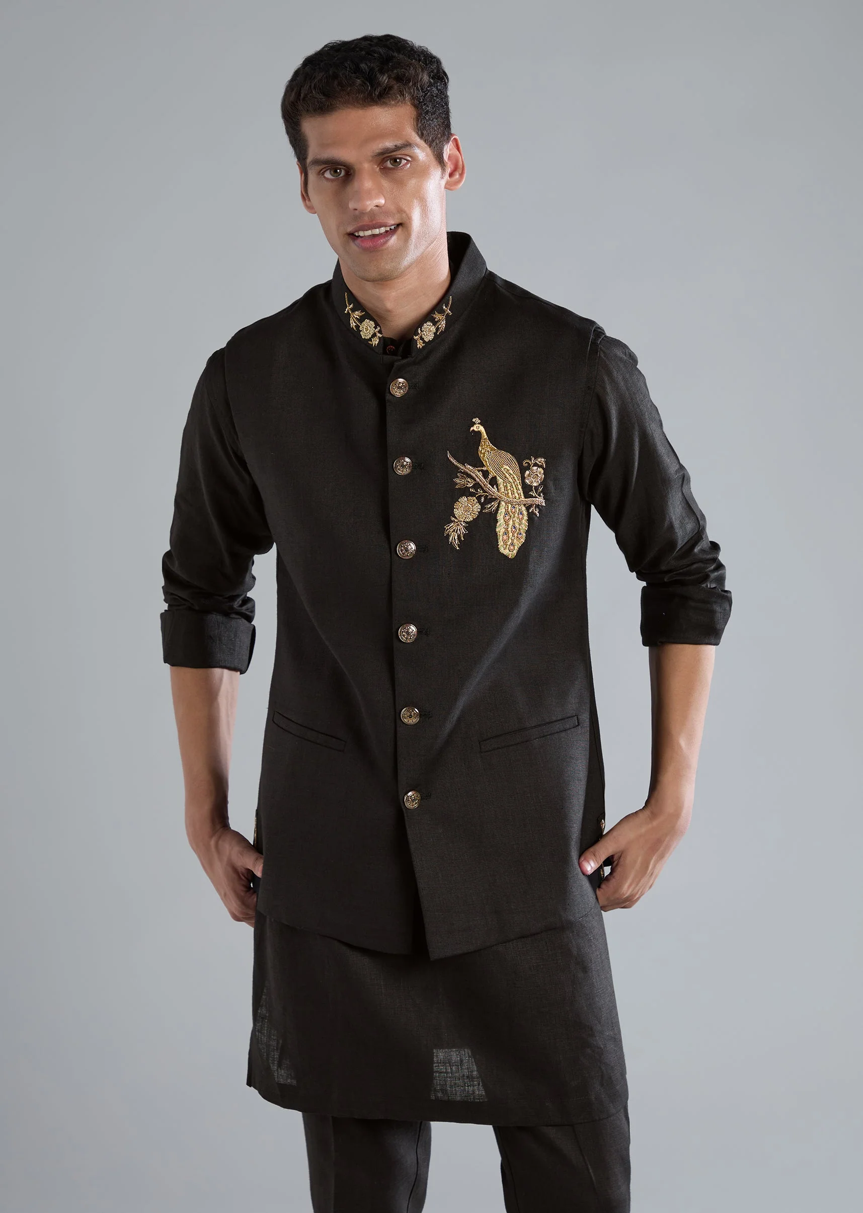 Black Kurta Jacket Set With Zardosi Hand Work - Image 4