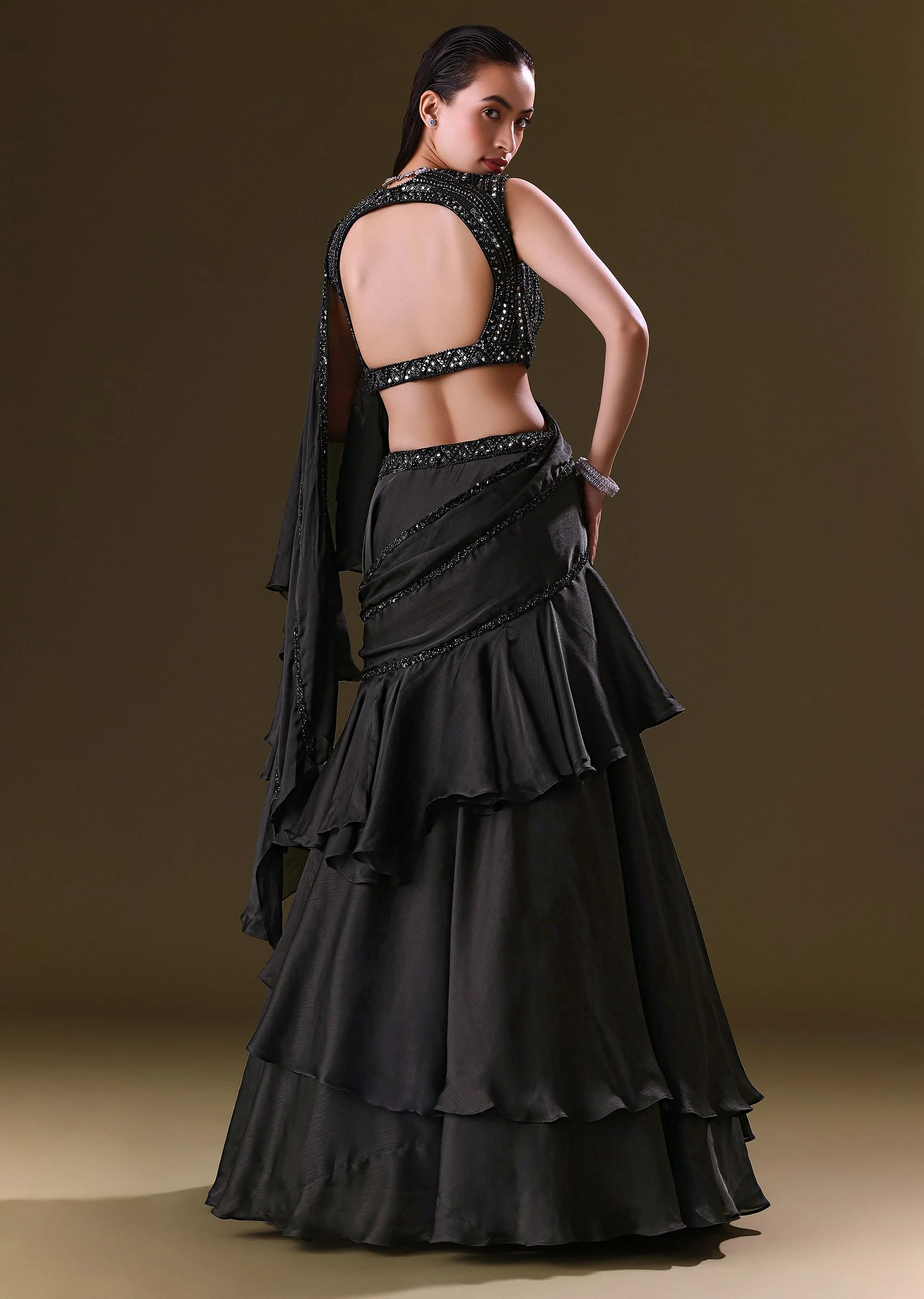 Black Lehenga Choli Set With Attached Dupatta - Image 5