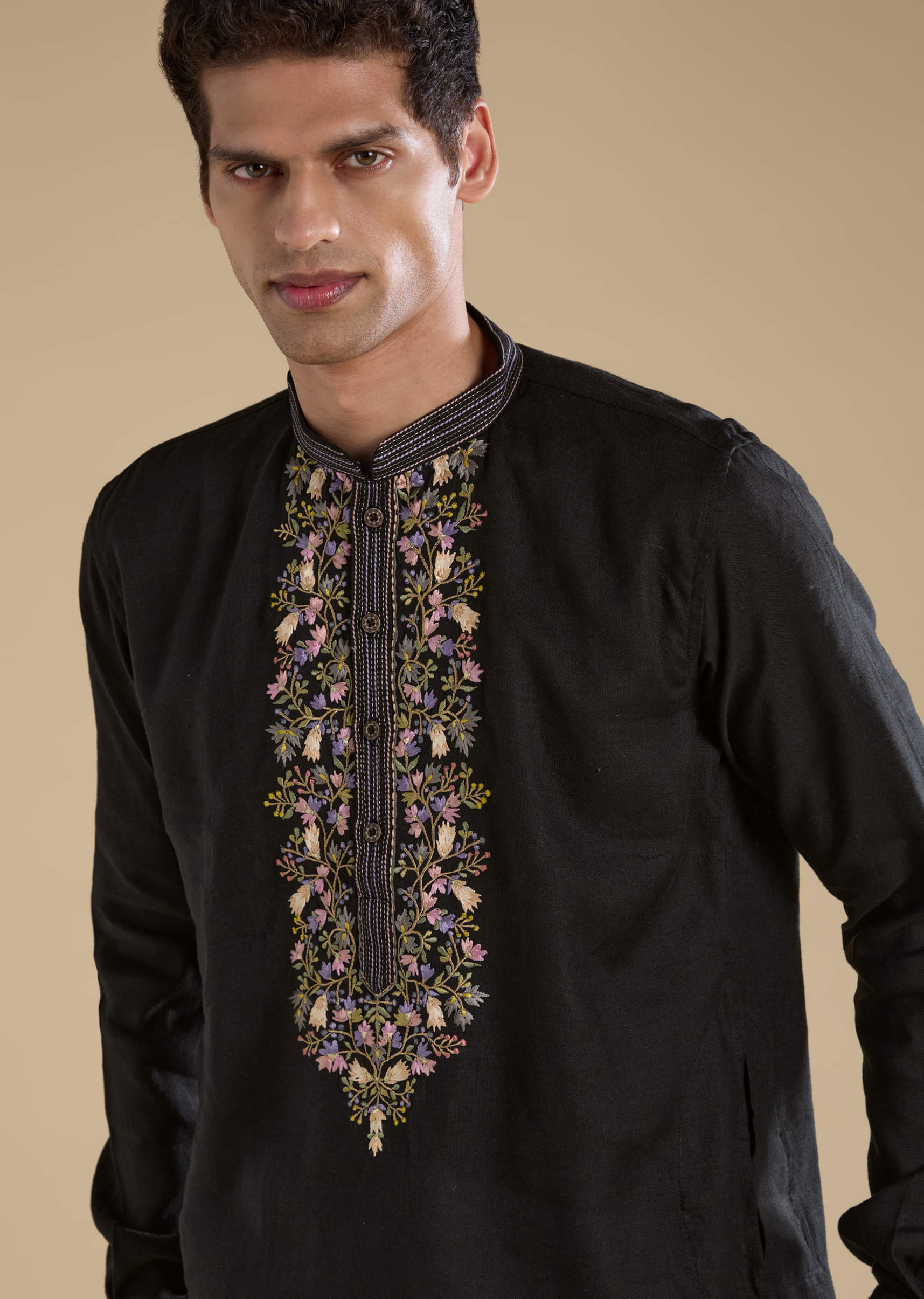 Black Linen Embroidered Mens Kurta Set - Image 2