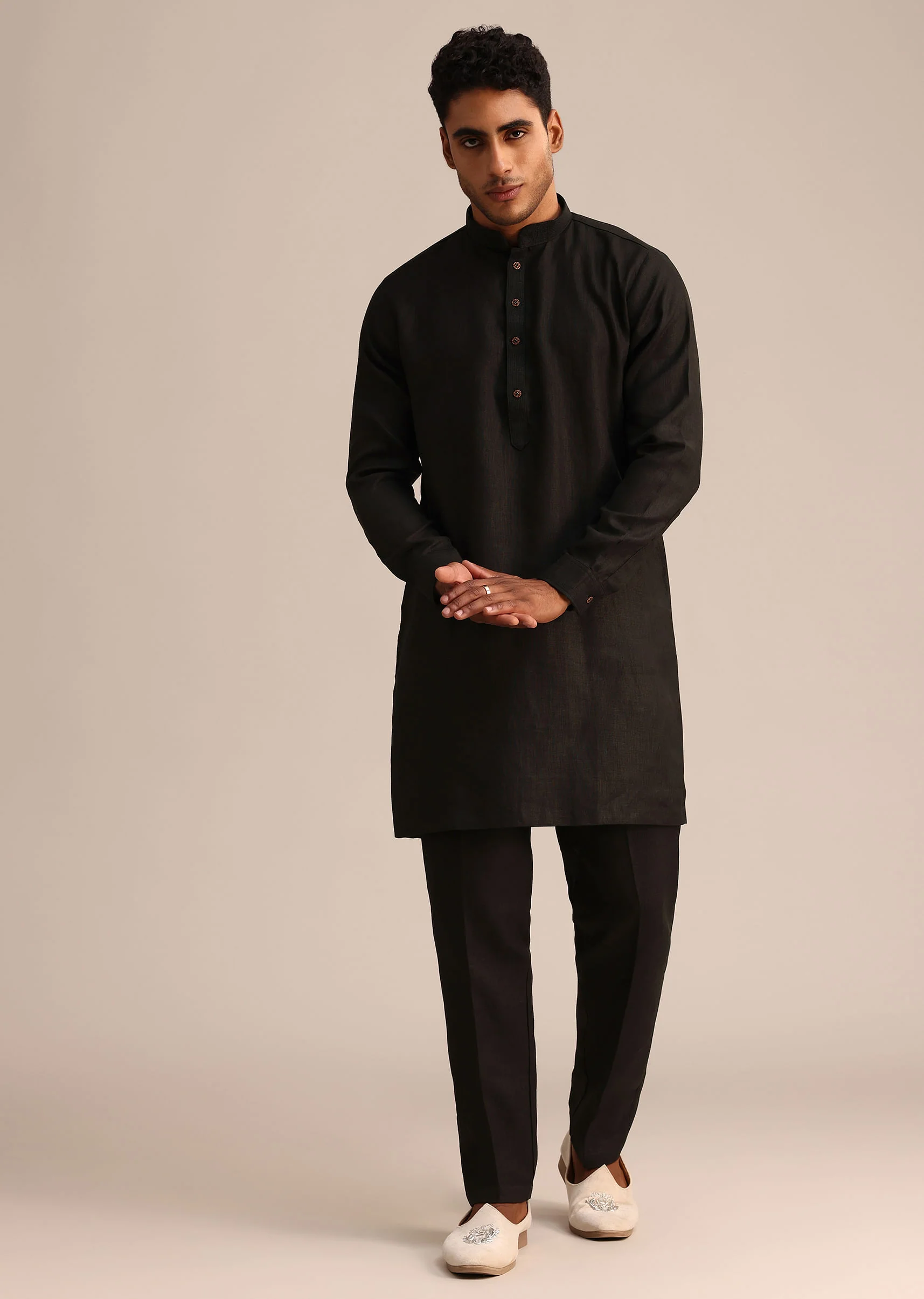 Black Linen Floral Resham Work Jacket Kurta Set - Image 6
