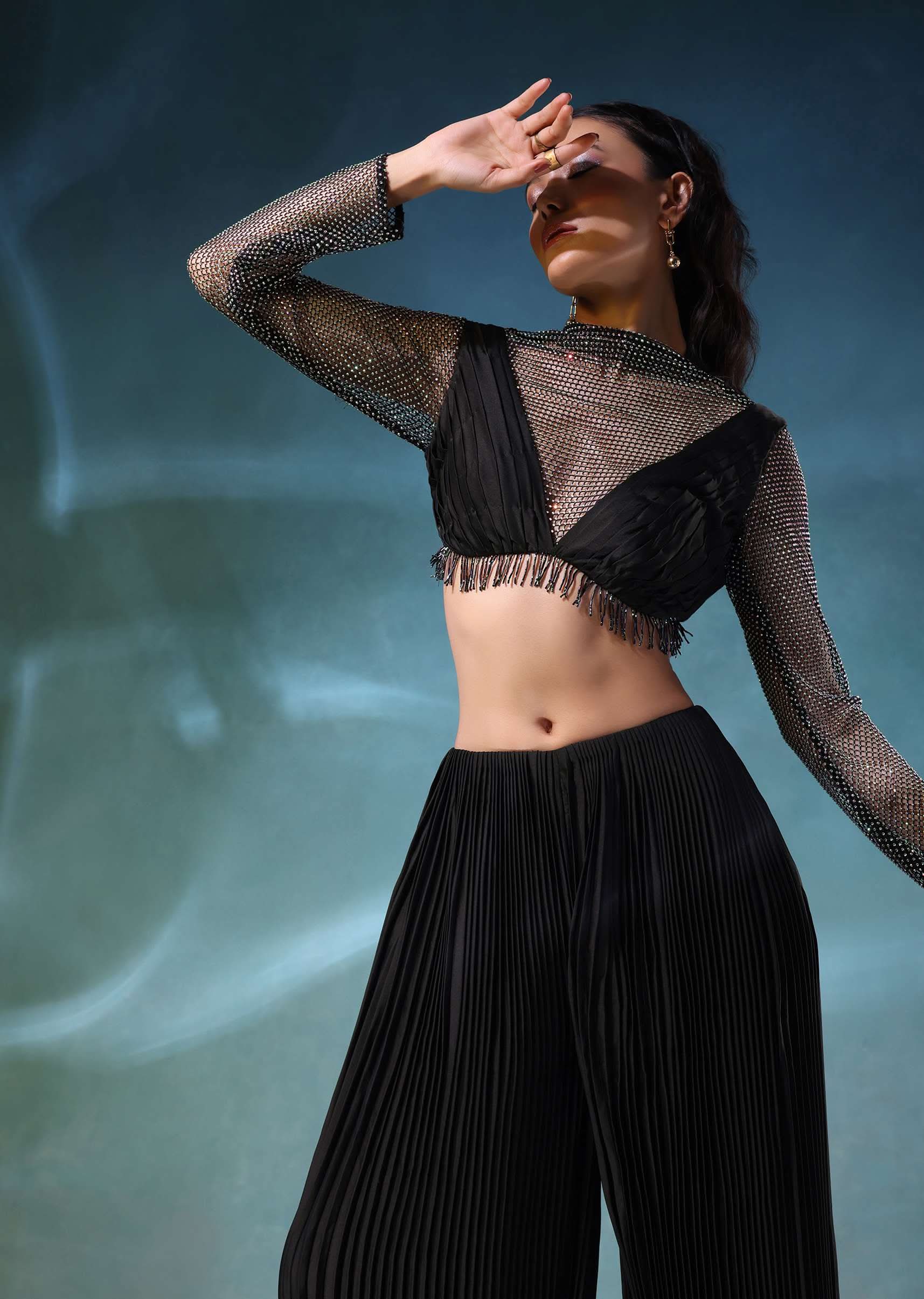 Black Mesh Blouse And Palazzo Set In Satin - Image 2
