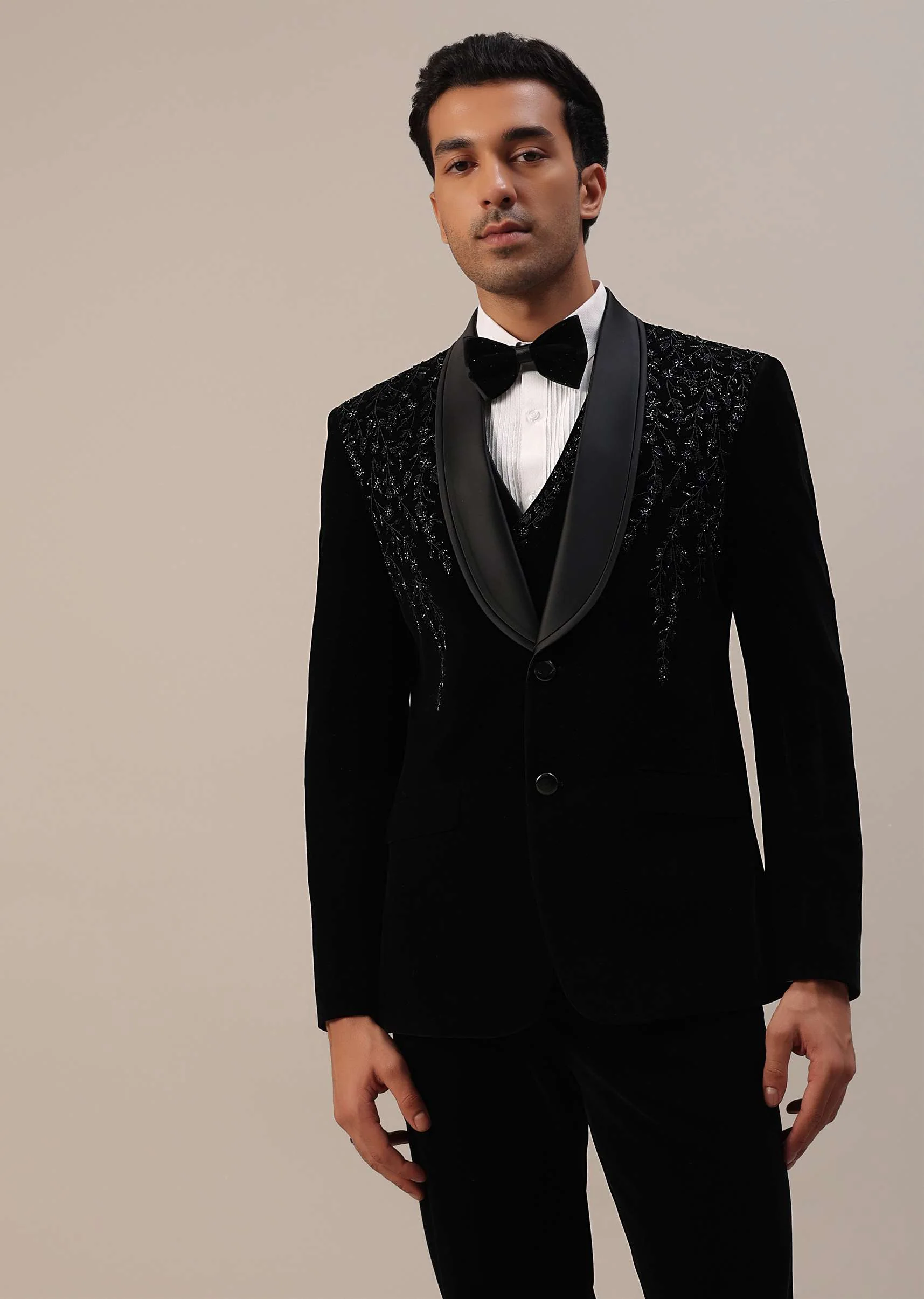 Black Micro Velvet Tuxedo Set With Cut Work Detailing - Image 2