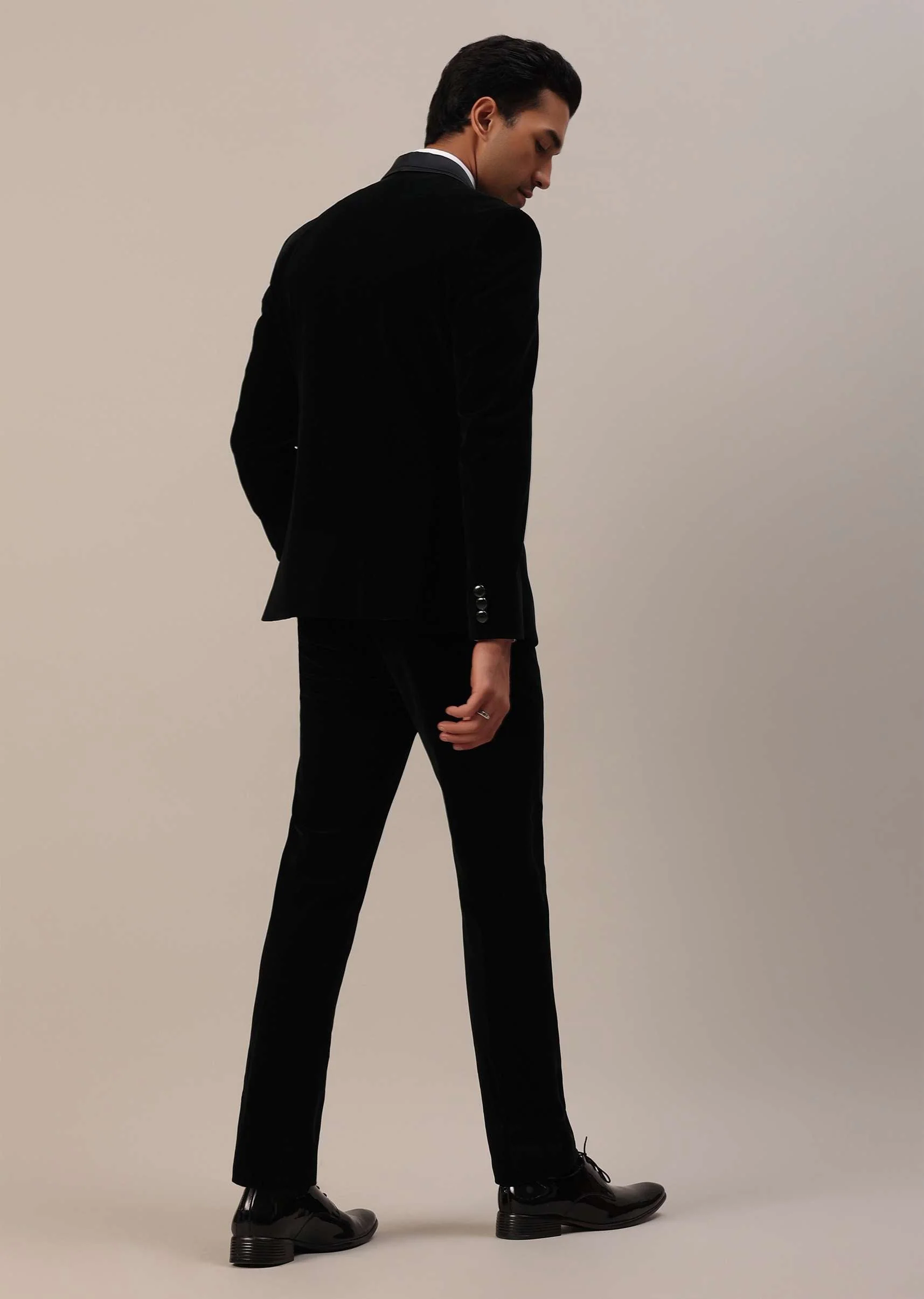 Black Micro Velvet Tuxedo Set With Cut Work Detailing - Image 5
