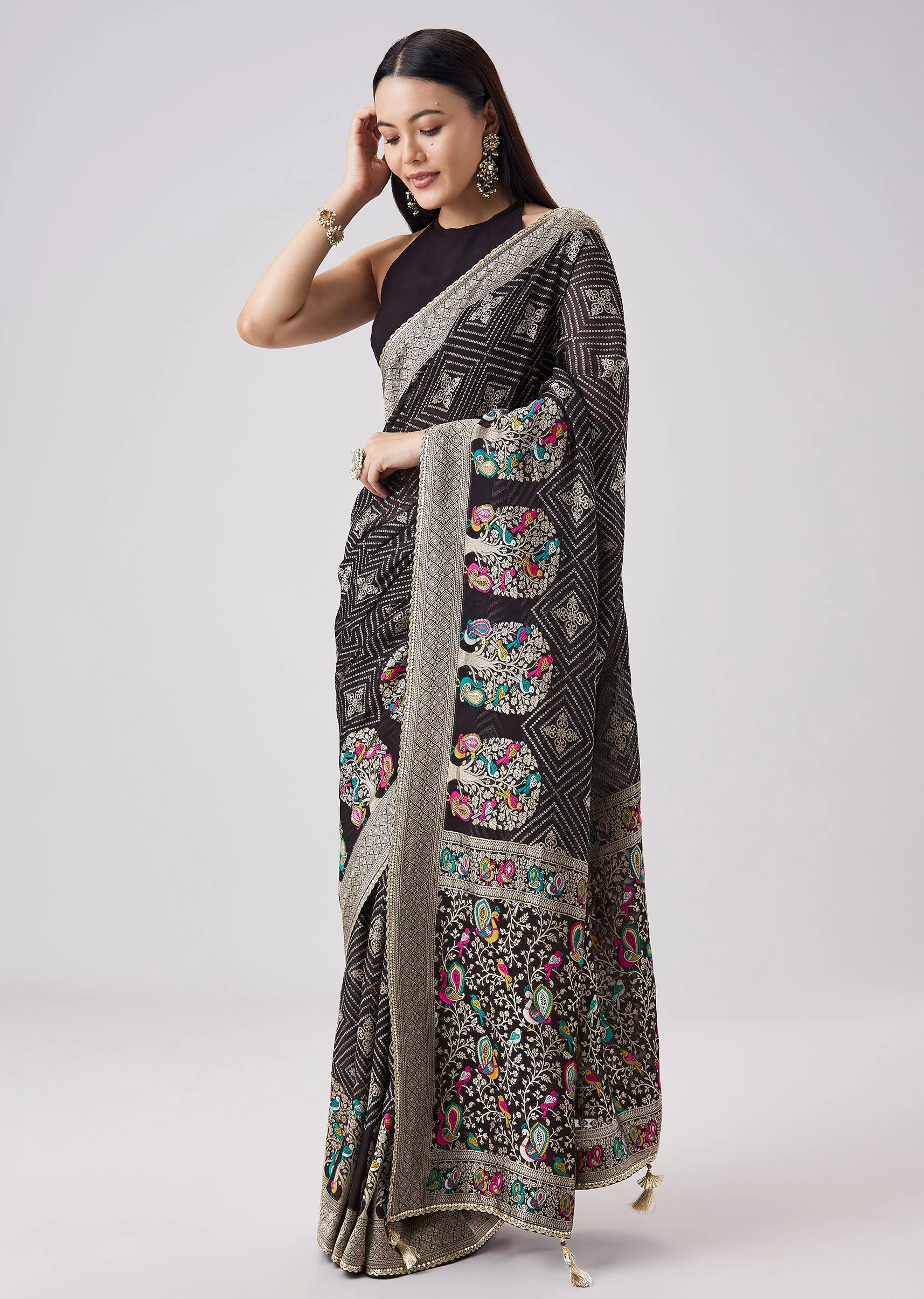 Black Mughal Woven Motif Saree With Unstitched Blouse - Image 3