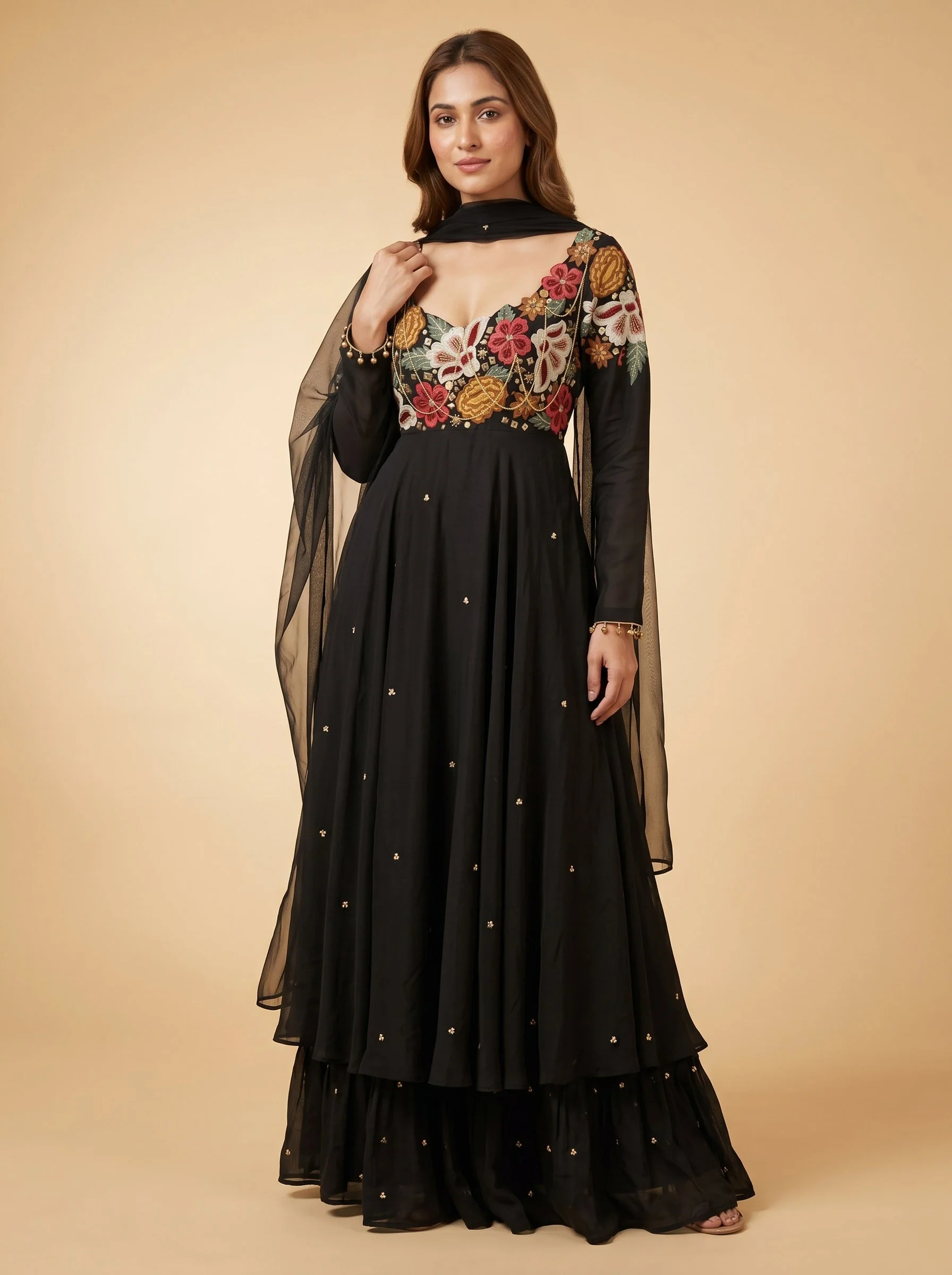 Black Net Floral Anarkali Suit