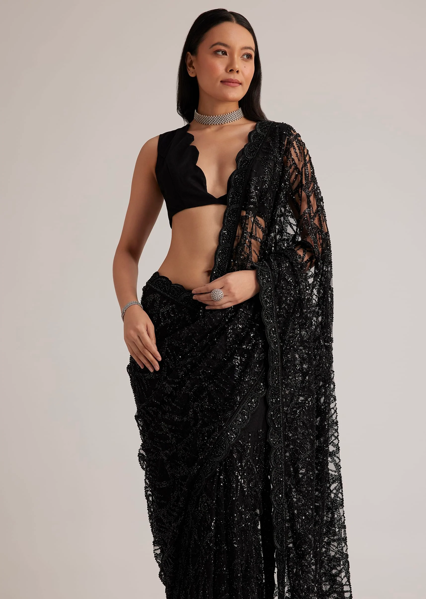 Black Net Saree With Sequins And Stones Embroidery - Image 2