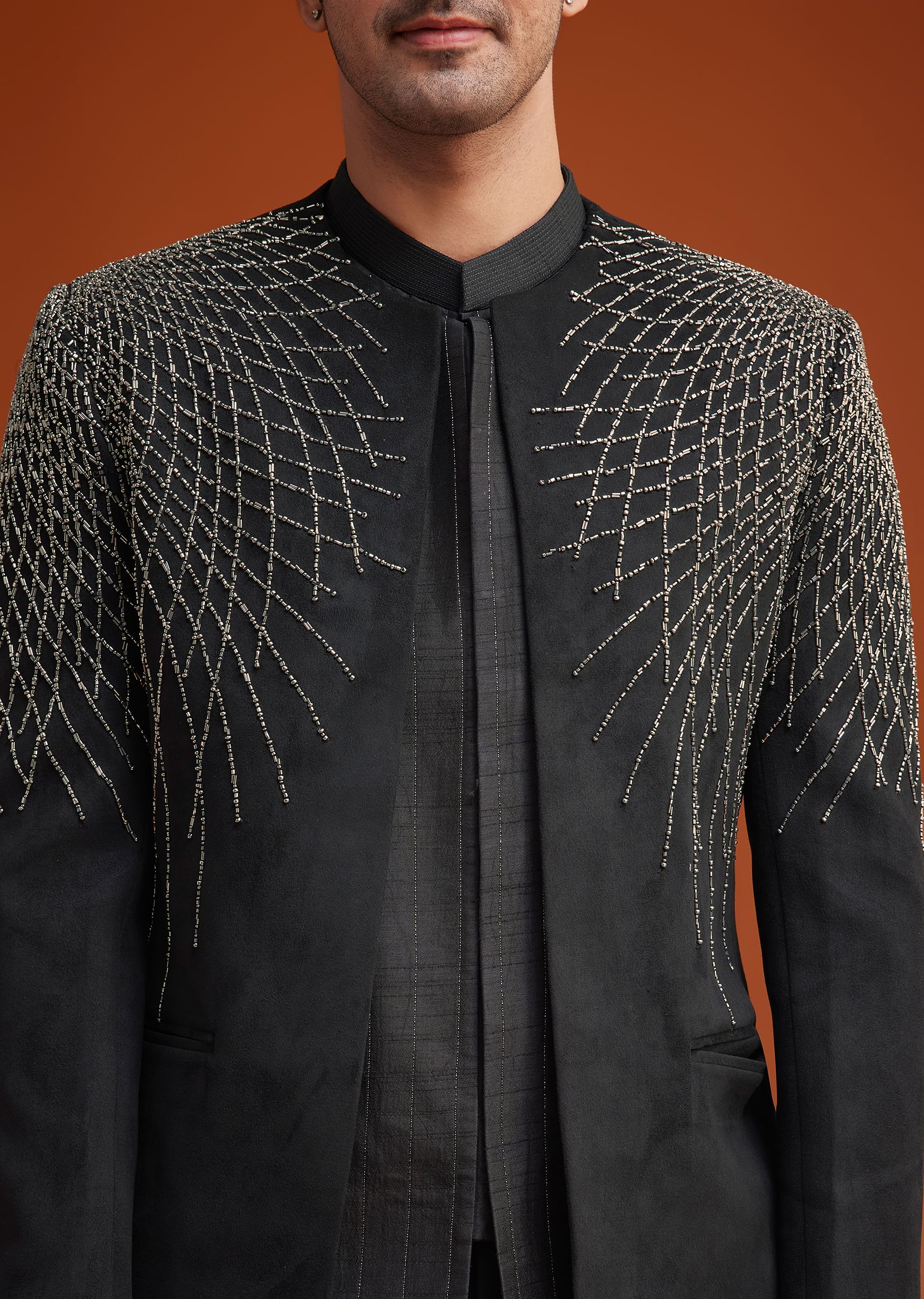 Black Open Indo Jacket Set With Silver Beadwork - Image 2