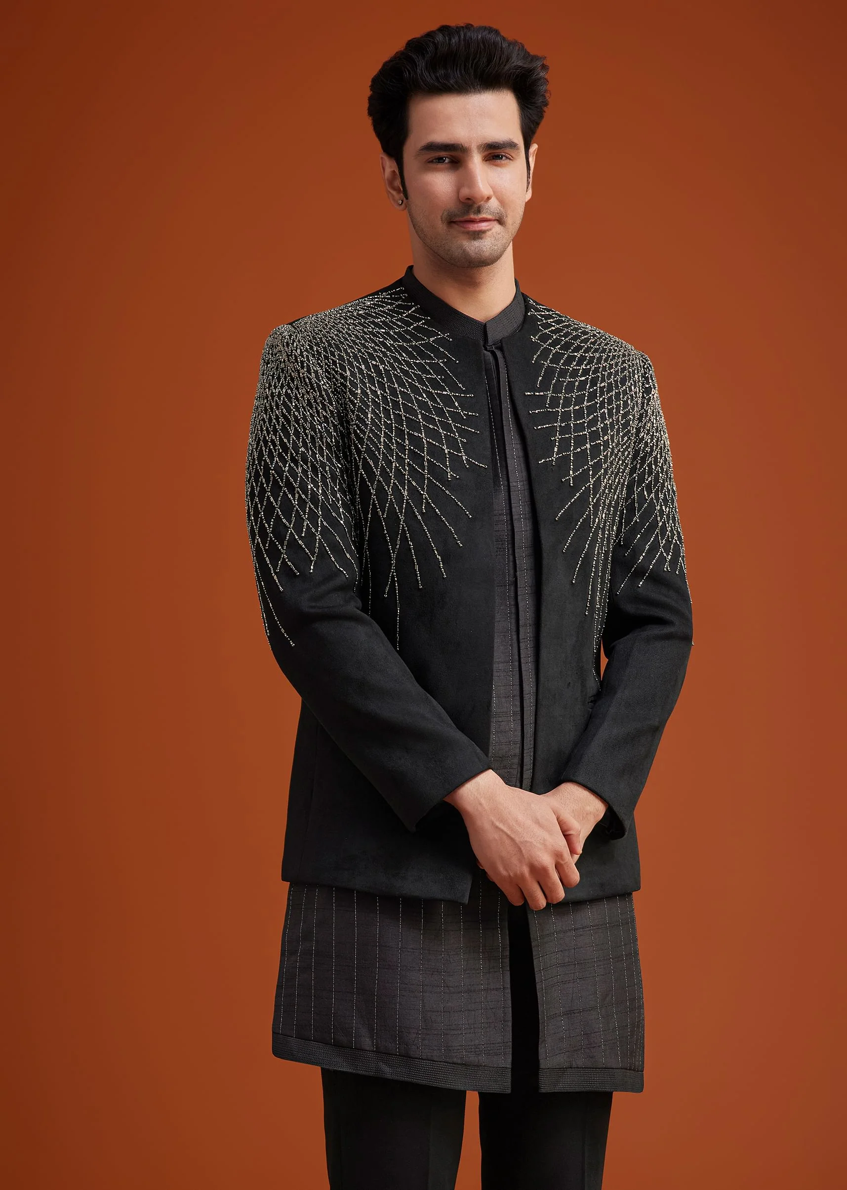 Black Open Indo Jacket Set With Silver Beadwork - Image 4