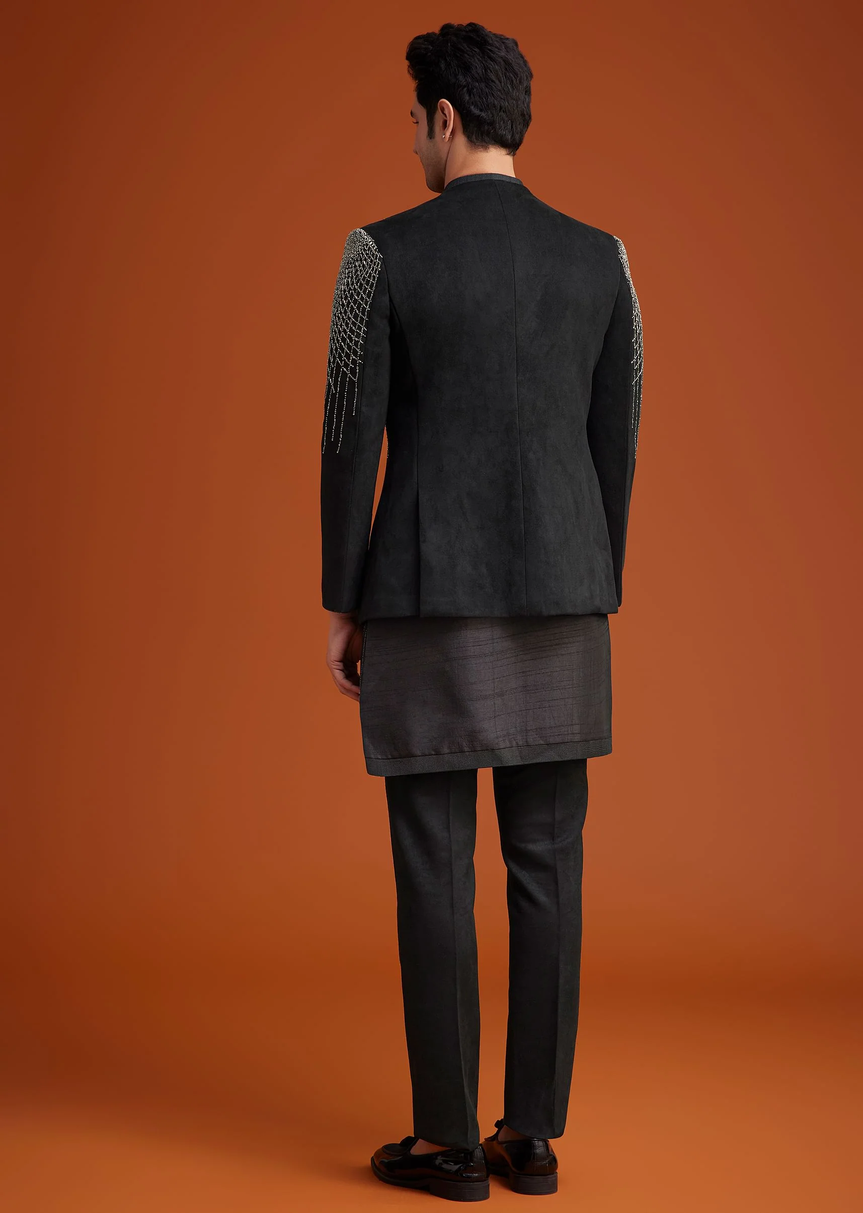Black Open Indo Jacket Set With Silver Beadwork - Image 5