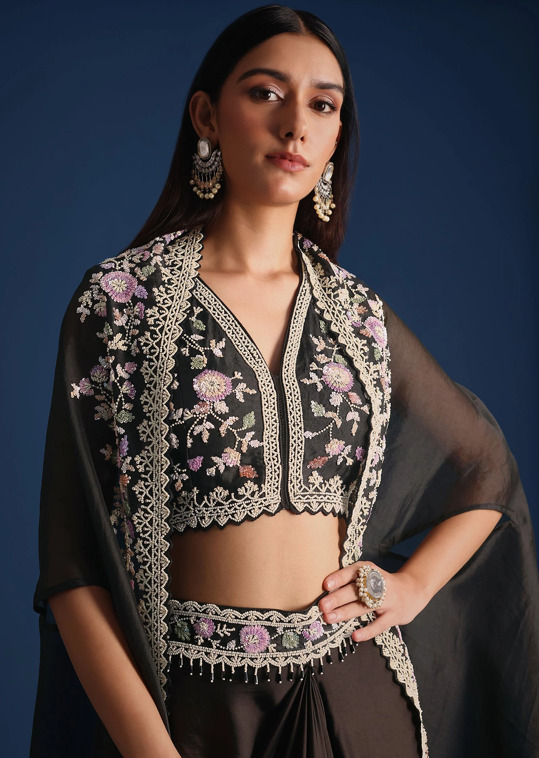 Black Organza Jacket With Embroidered Crop Top And Draped Skirt - Image 4