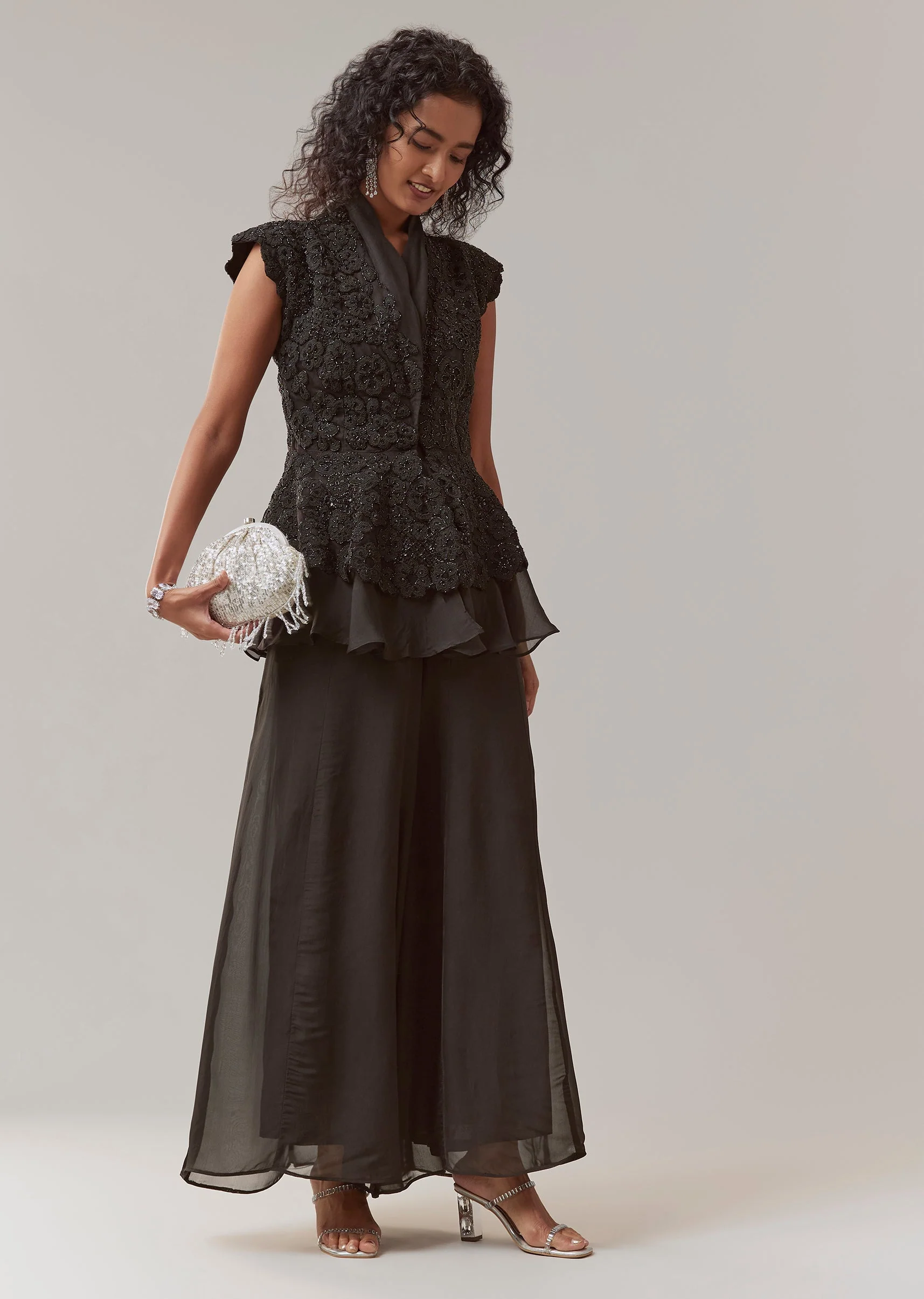 Black Organza Peplum Palazzo Set - Image 4