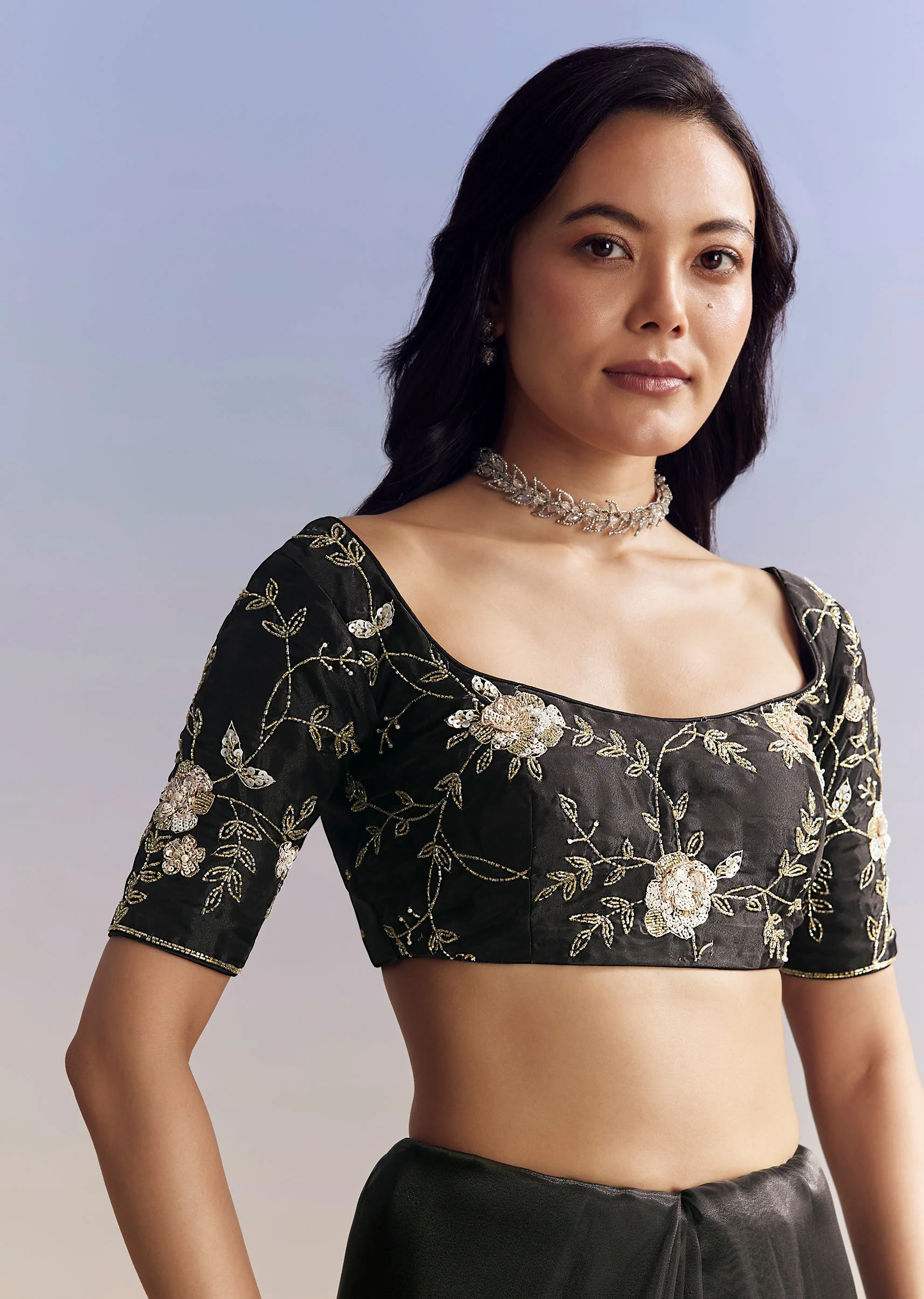 Black Organza Saree With All Over Floral Jaal Embroidery - Image 7