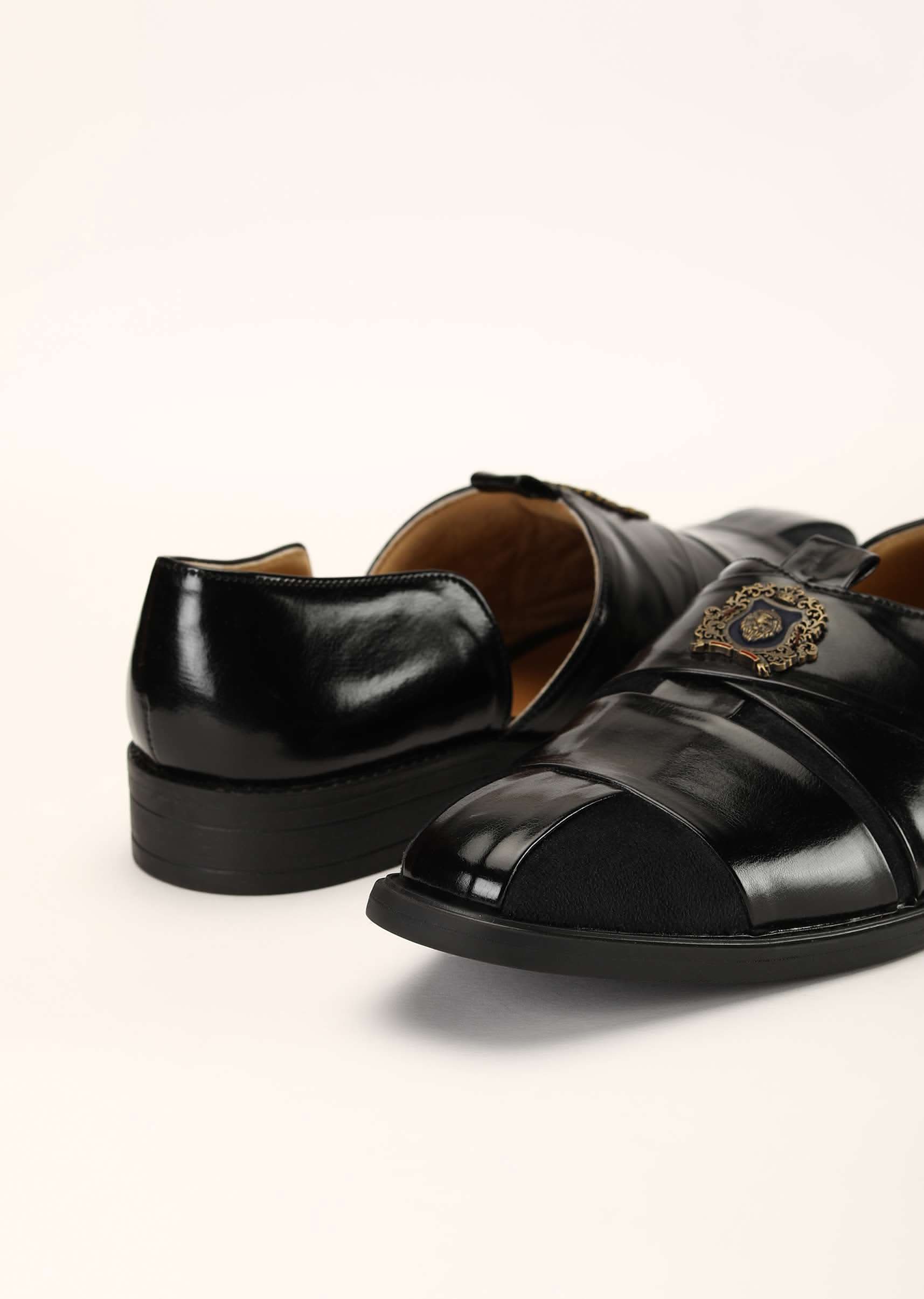 Black Peshawari Footwear In Rexine And Suede Leather Embellished With A Brooch - Image 2