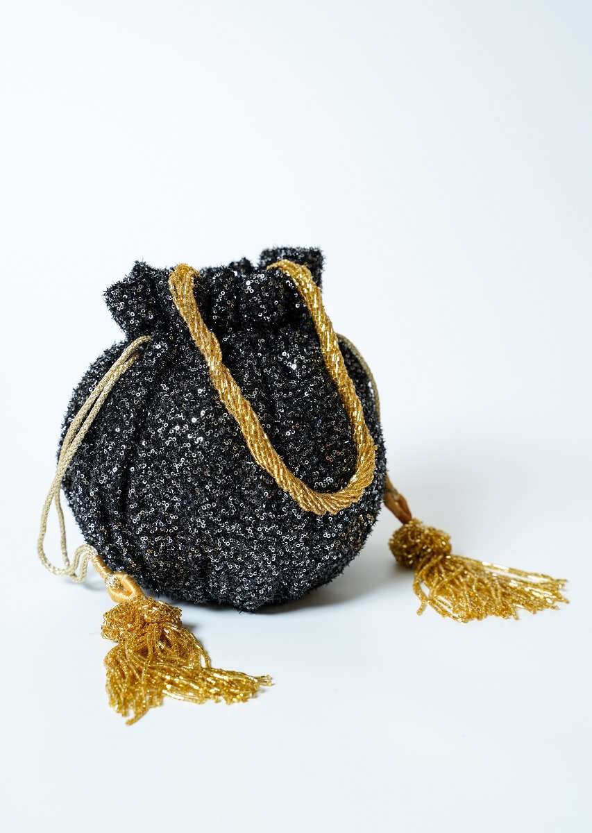 Black Potli Bag In Sequins Fabric With Cut Dana Tassels And Handle By Solasta - Image 2