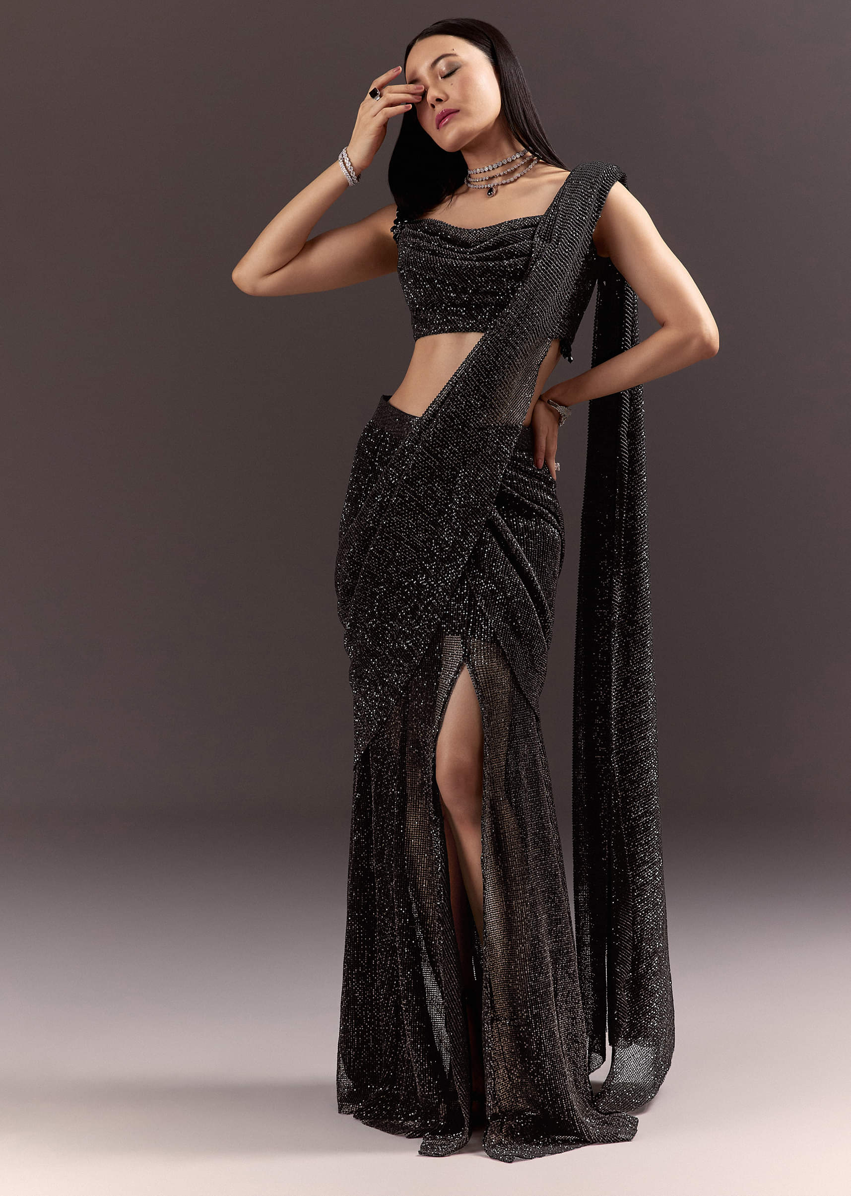 Black Pre Stitched Slit Saree With Cowl Blouse - Image 4