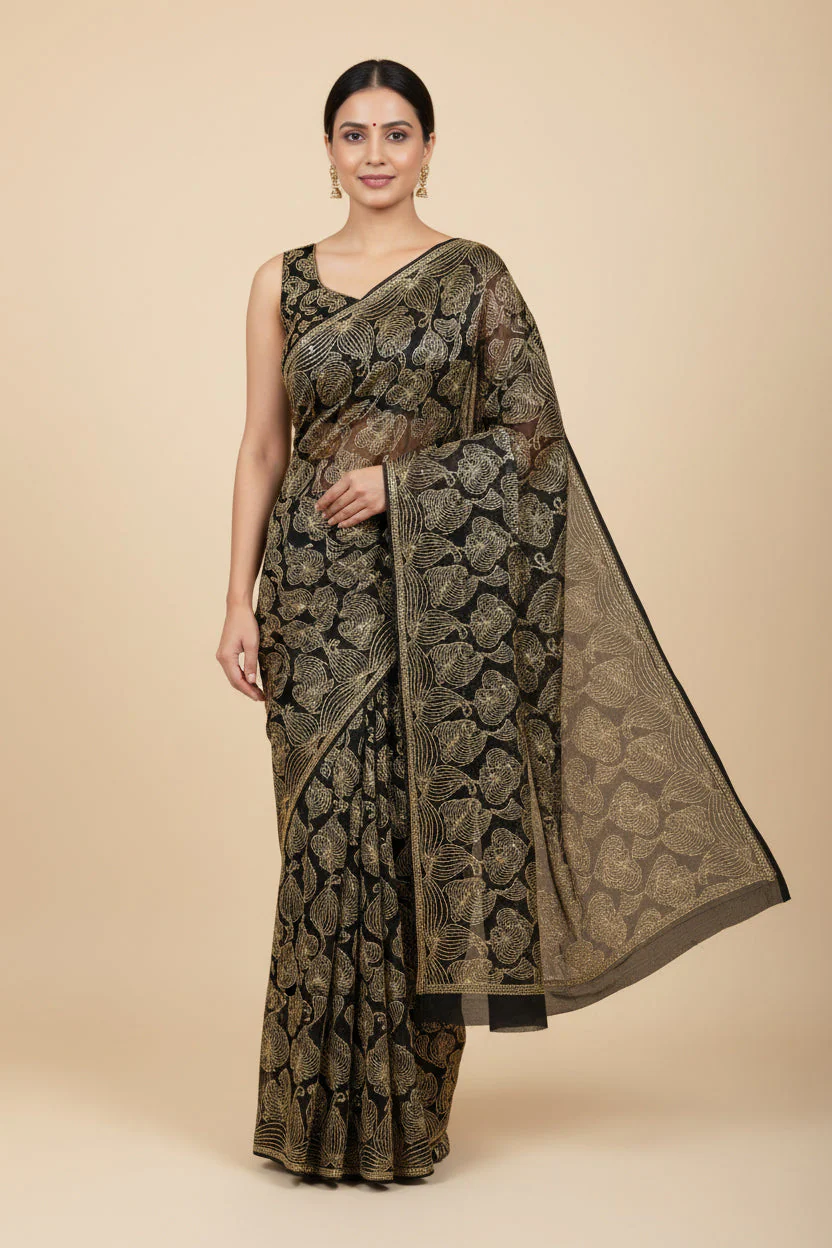 Black Premium Embroidered Saree