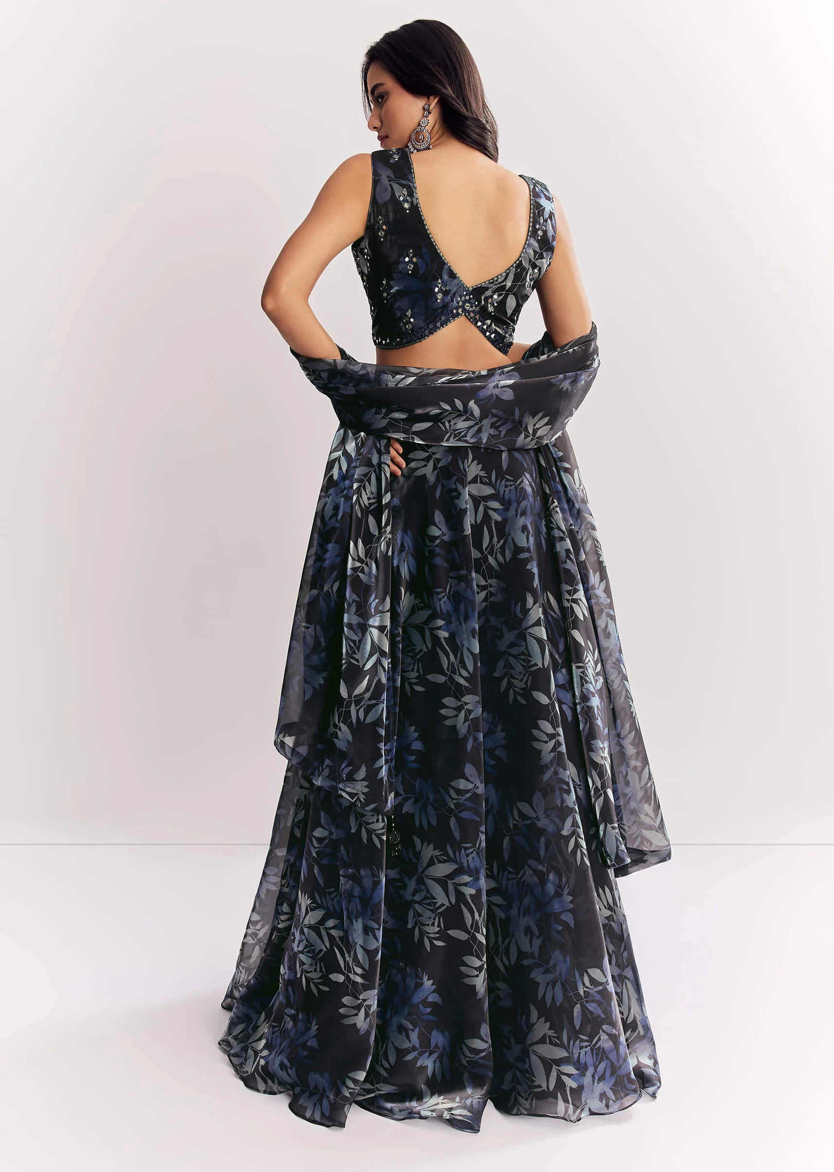 Black Printed Mirror Work Lehenga Choli Set In Organza Tissue - Image 5