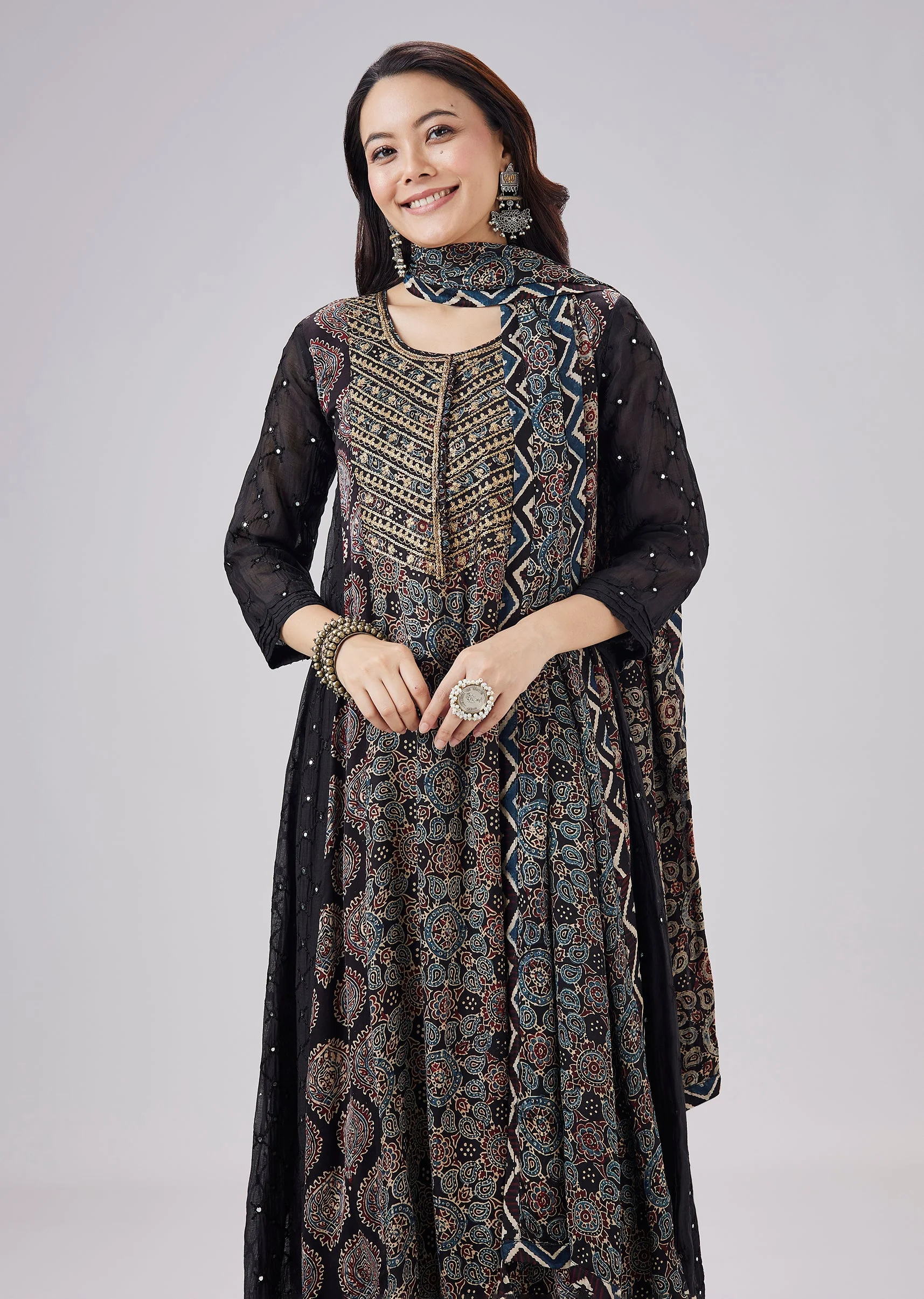 Black Pure Ajrakh Printed Silk Anarkali Set With Zari Embroidery - Image 4